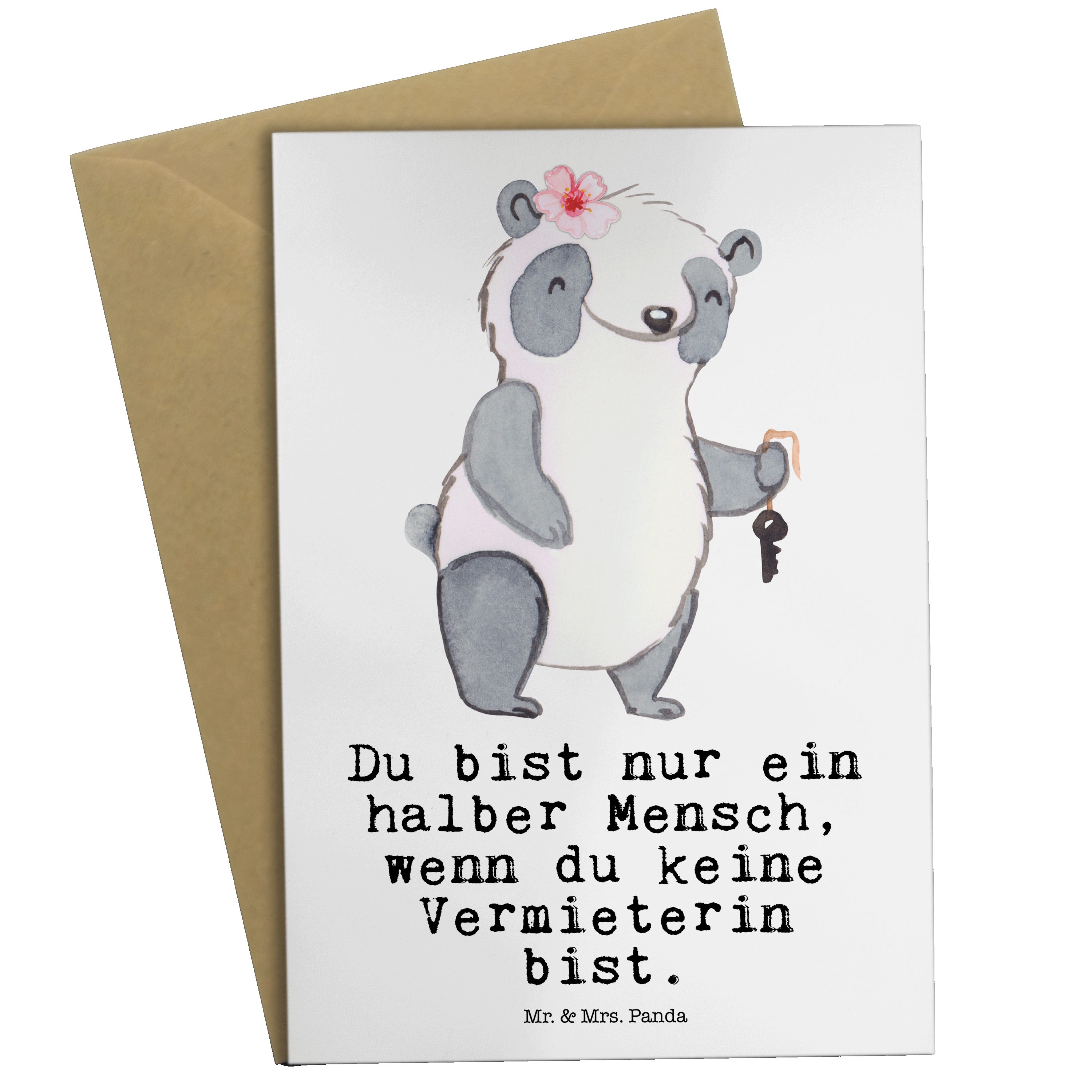 Mr. & Mrs. Panda Grußkarte Vermieterin mit Herz - Weiß - Geschenk, Danke, Geburtstagskarte, Klap