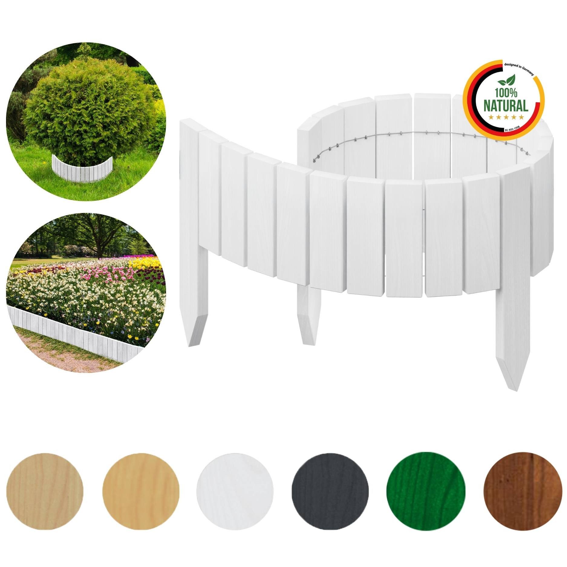 Floranica Palisade Flexible Beeteinfassung Rollborder Beetumrandung Rasenkante Holzzaun, LxH: 100x10 cm, Weiß, Rasenbegrenzung Dekozaun Umzäunung von Blumenbeeten Kräutergarten Wege