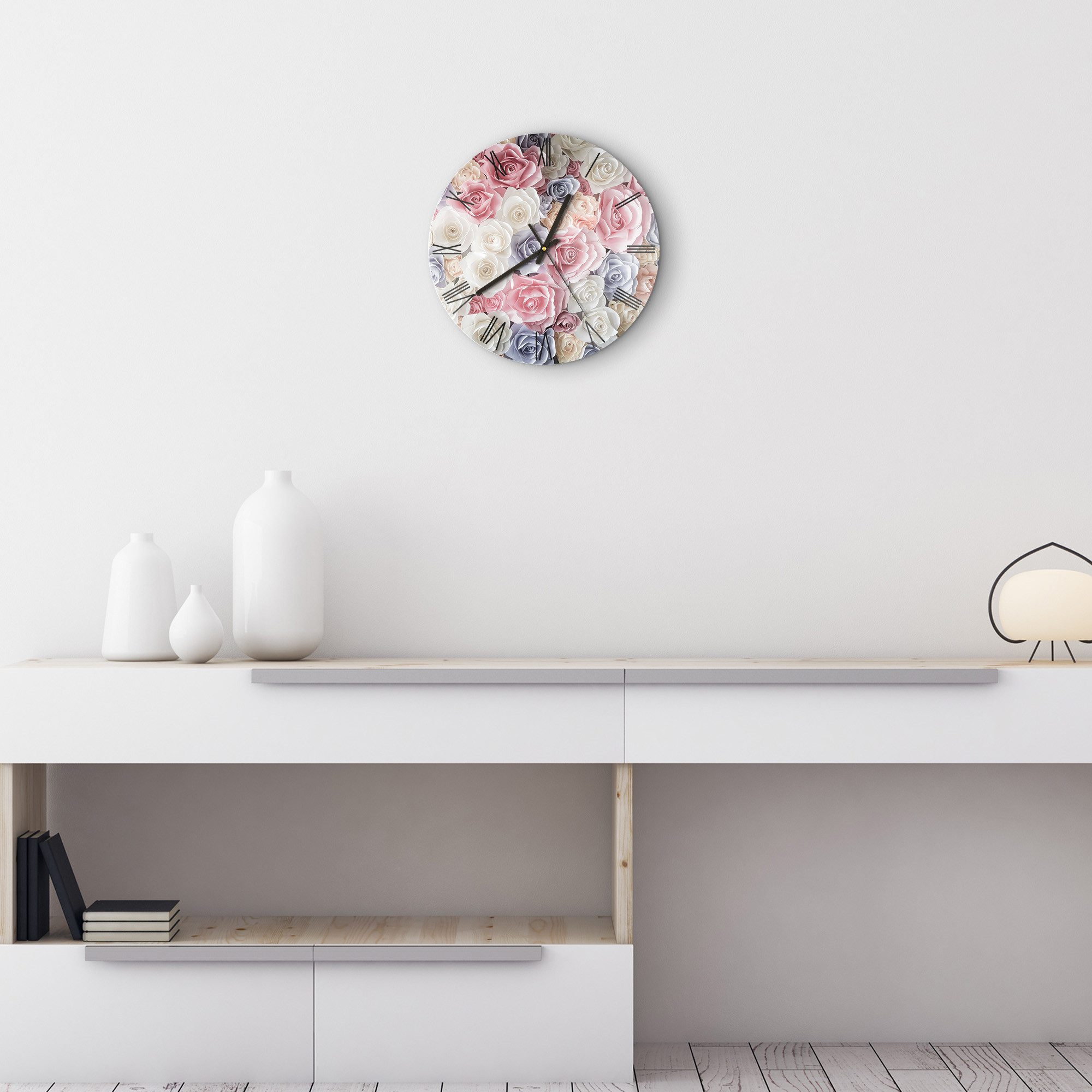 DEQORI Wanduhr 'Sanfte Pastell Rosen' (Glas Glasuhr modern Wand Uhr Design Küchenuhr)
