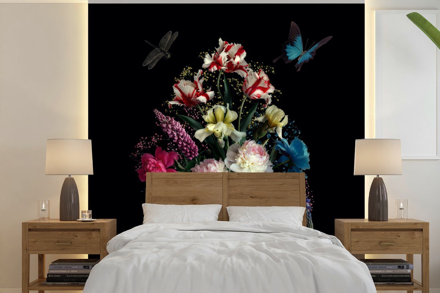 - Schlafzimmer Stilleben, Schmetterling Matt, (4 Fototapete für Wohnzimmer St), Blumen Fototapete bedruckt, Vliestapete Küche, - MuchoWow