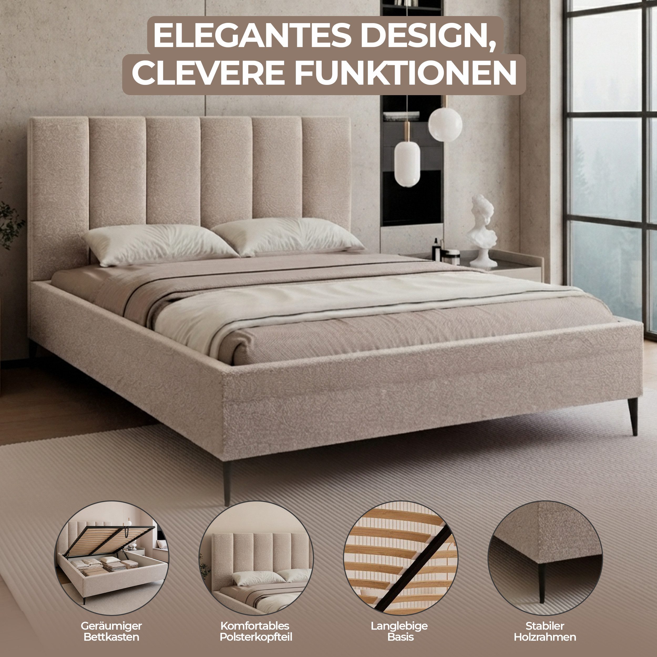 Goldstoff Polsterbett Modernes Bett "GERMAIN" mit hohem Kopfteil und integriertem Bettkasten (120–200x200 cm, Kopfteilhöhe: 90/110 cm, Seitenhöhe: 25/40 cm), El – Bild 2 von 5