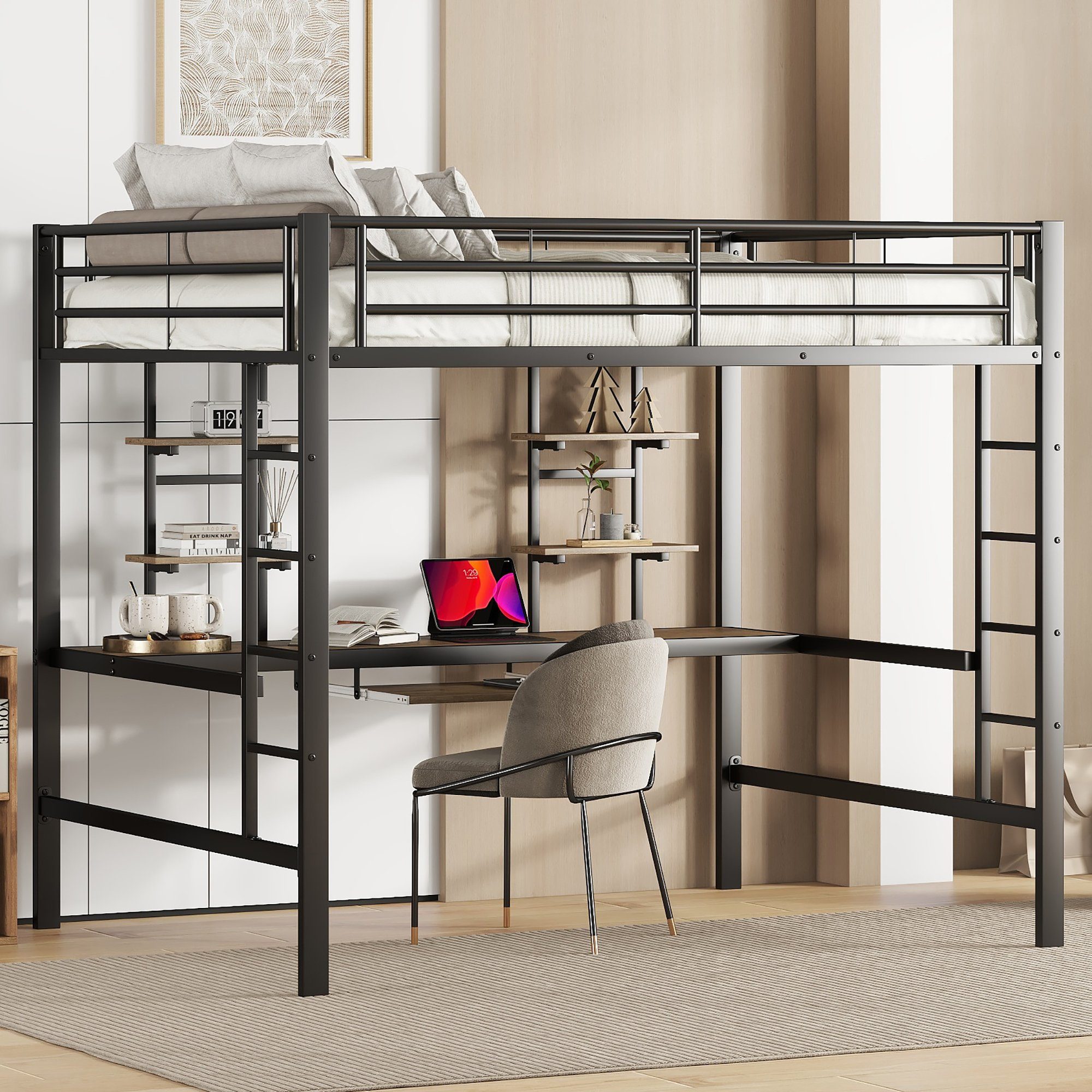 Ulife Hochbett Schwarz Metallbett mit Schreibtisch und 2 Bücherregalen ohne Stuhl 140x200cm