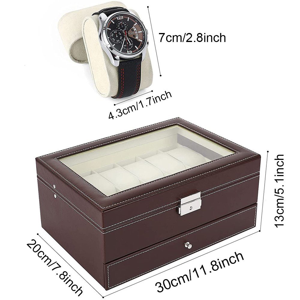 BTTO Schmuckkassette Schmuckbox,12 mit abschlie bare Schmuckkästchen,Uhrenbox,Doppelschicht Braun Design Glasdeckel,abschließbares Uhrenetui Uhrenkasten Fächer,