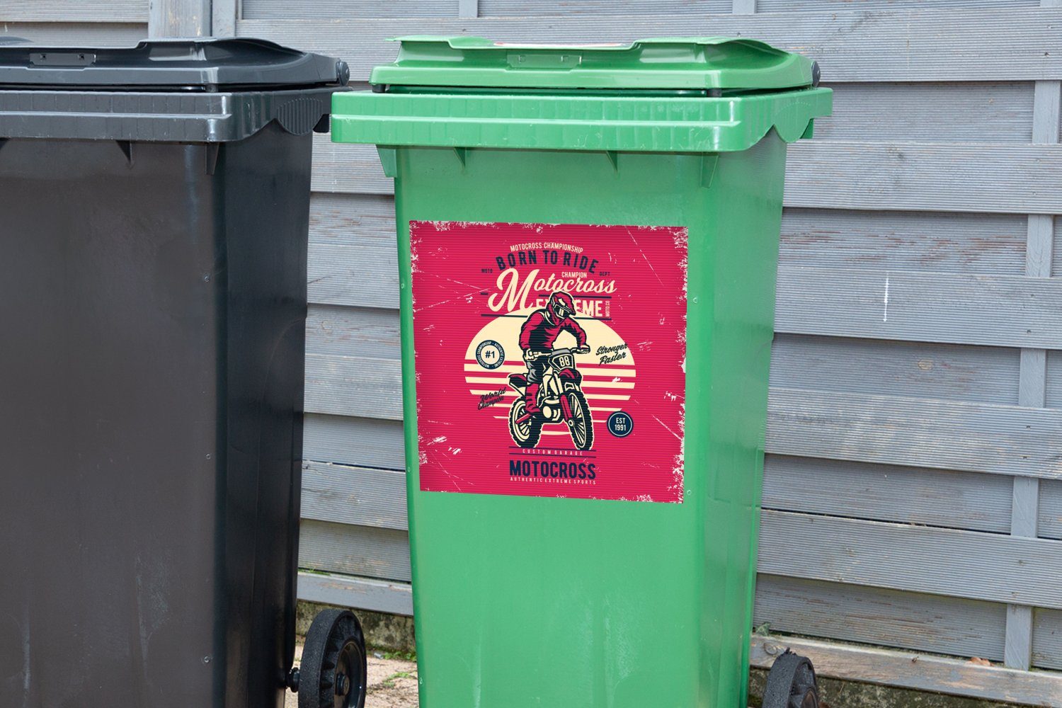 Mann Abfalbehälter Retro MuchoWow Wandsticker Motocross - Sticker, Mülleimer-aufkleber, Mülltonne, St), - - Zeichnung (1 Container,