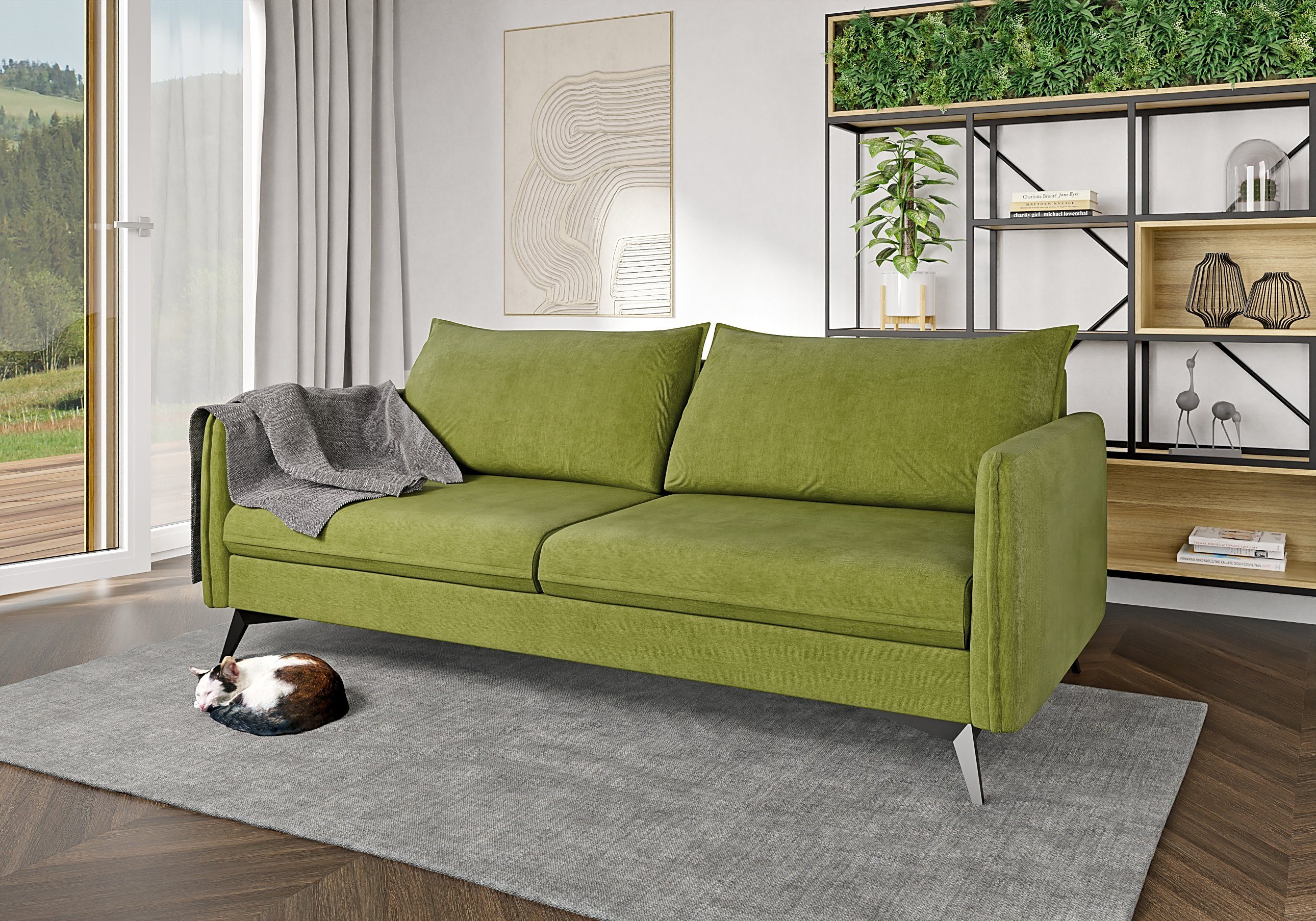 S-Style Möbel 3-Sitzer Modernes Sofa Azalea mit Schwarz Metall Füßen, mit Wellenfederung Grün