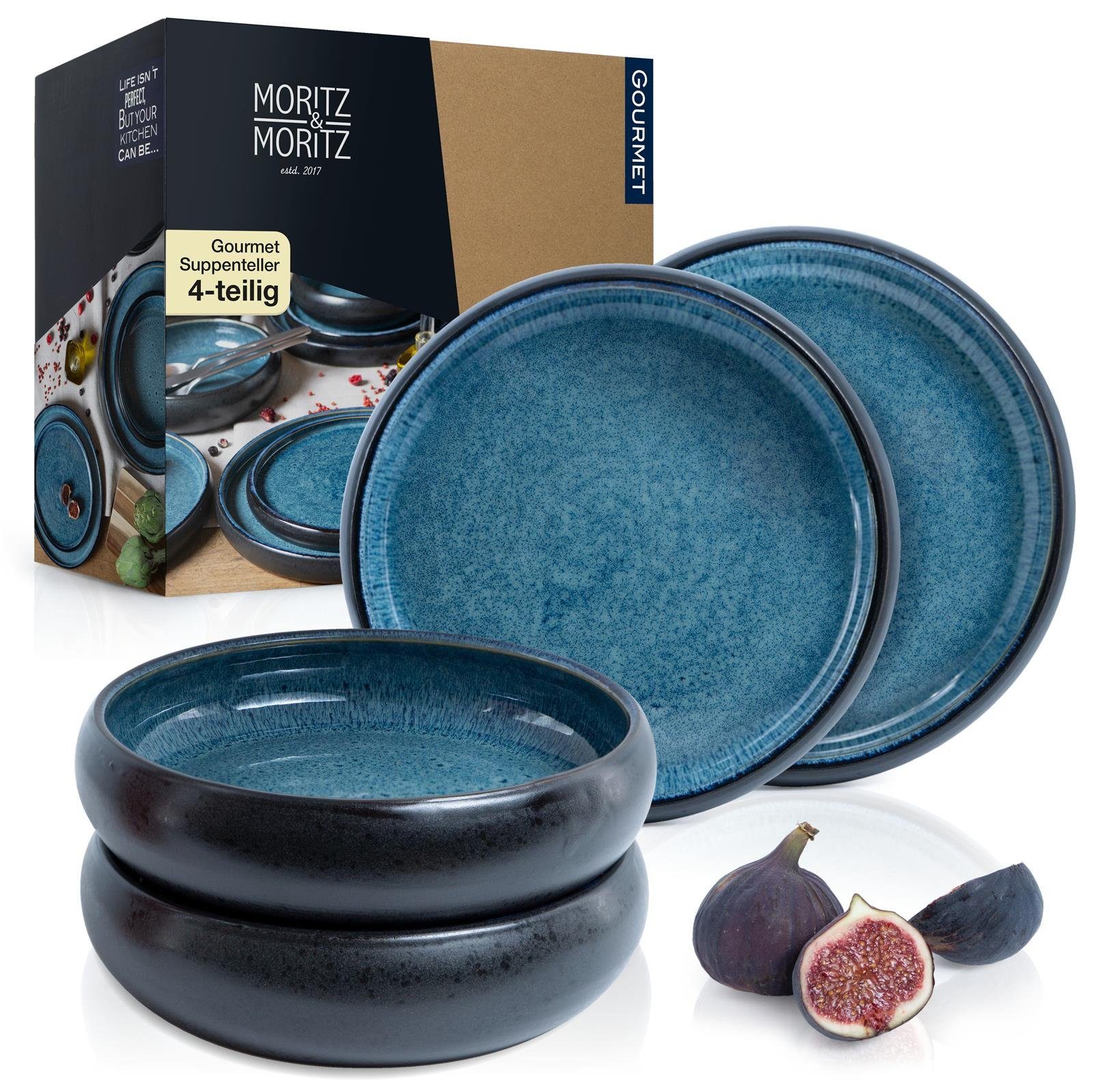 Moritz & Moritz Suppenteller Moritz & Moritz 4tlg Suppen Teller Blau Geschirr Set Reaktiv, (4 St), Bowl Schüssel für Suppe, Nudeln, Salat oder Müsli