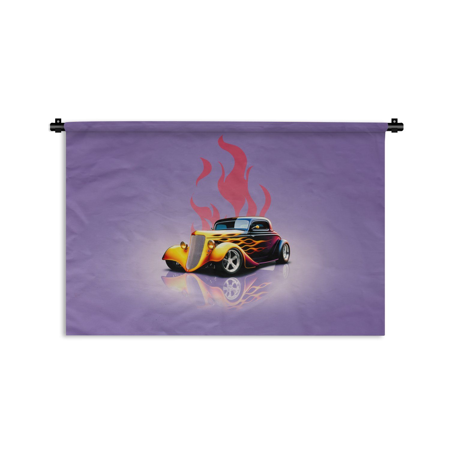 MuchoWow Wanddekoobjekt Auto - Lila - Flammen - Vintage, Wanddeko für Wohnzimmer, Schlafzimmer, Kleid, Wandbehang, Kinderzimmer