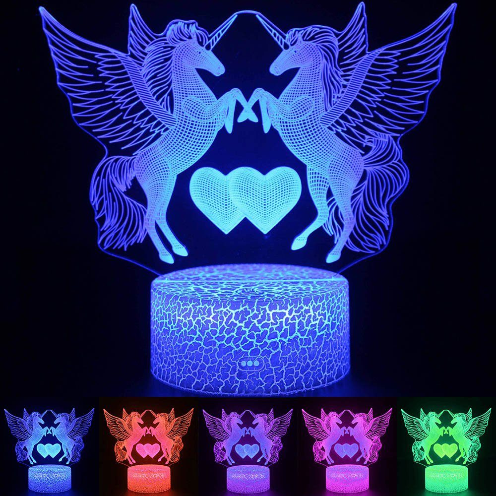 Fernbedienung LED Farbwechsel, 16 Nachttischlampe Rosnek 3D Tischlampe LED 16Farben/Fernbedienung, Nachtlichter Einhorn Nachttischlampe,