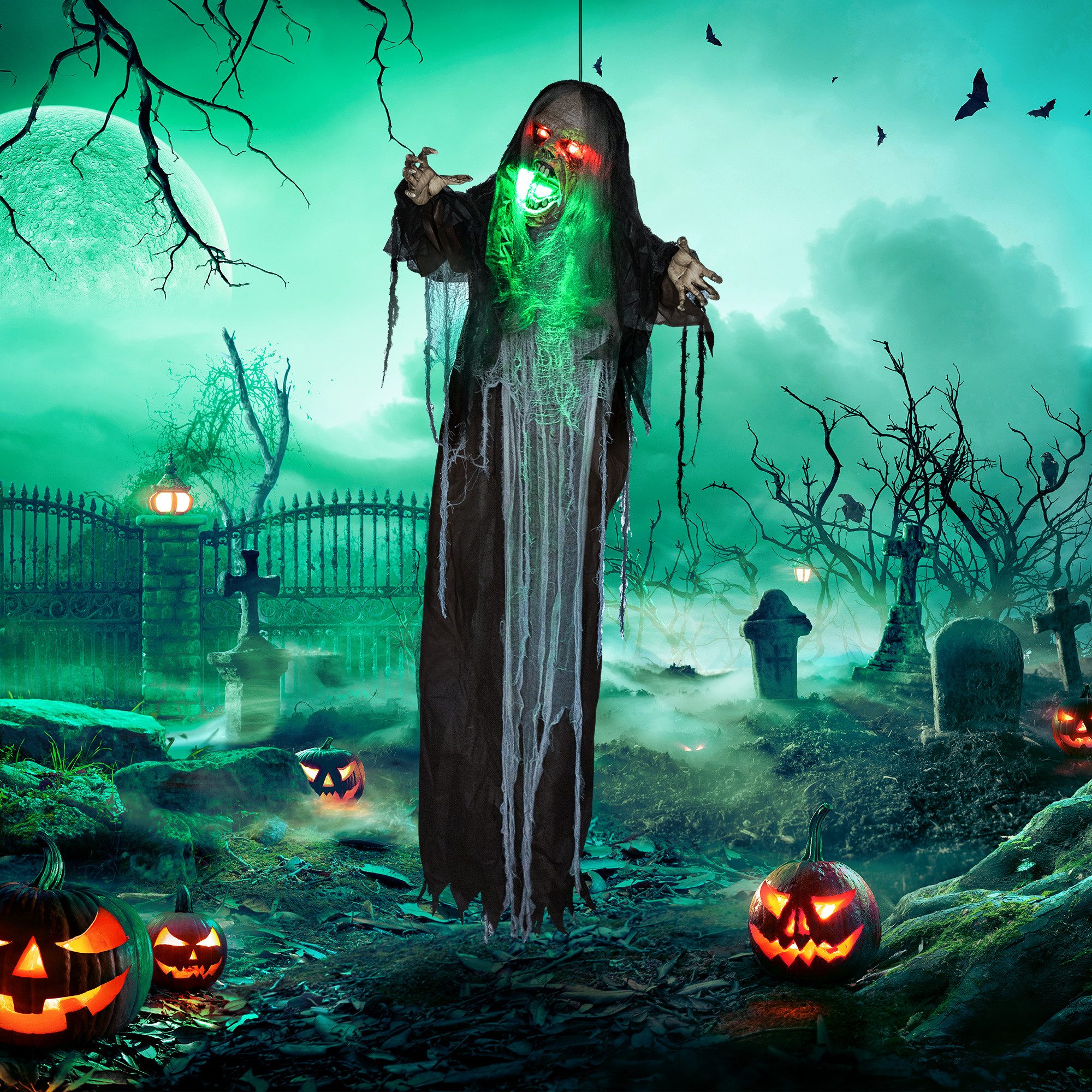 HOMCOM Dekofigur Haustür Deko, grün LED-Lichter, Soundfunktion, Garten (Halloween Dekoration, 1 St., Hängendes Monster), in Lebensgröße für Party