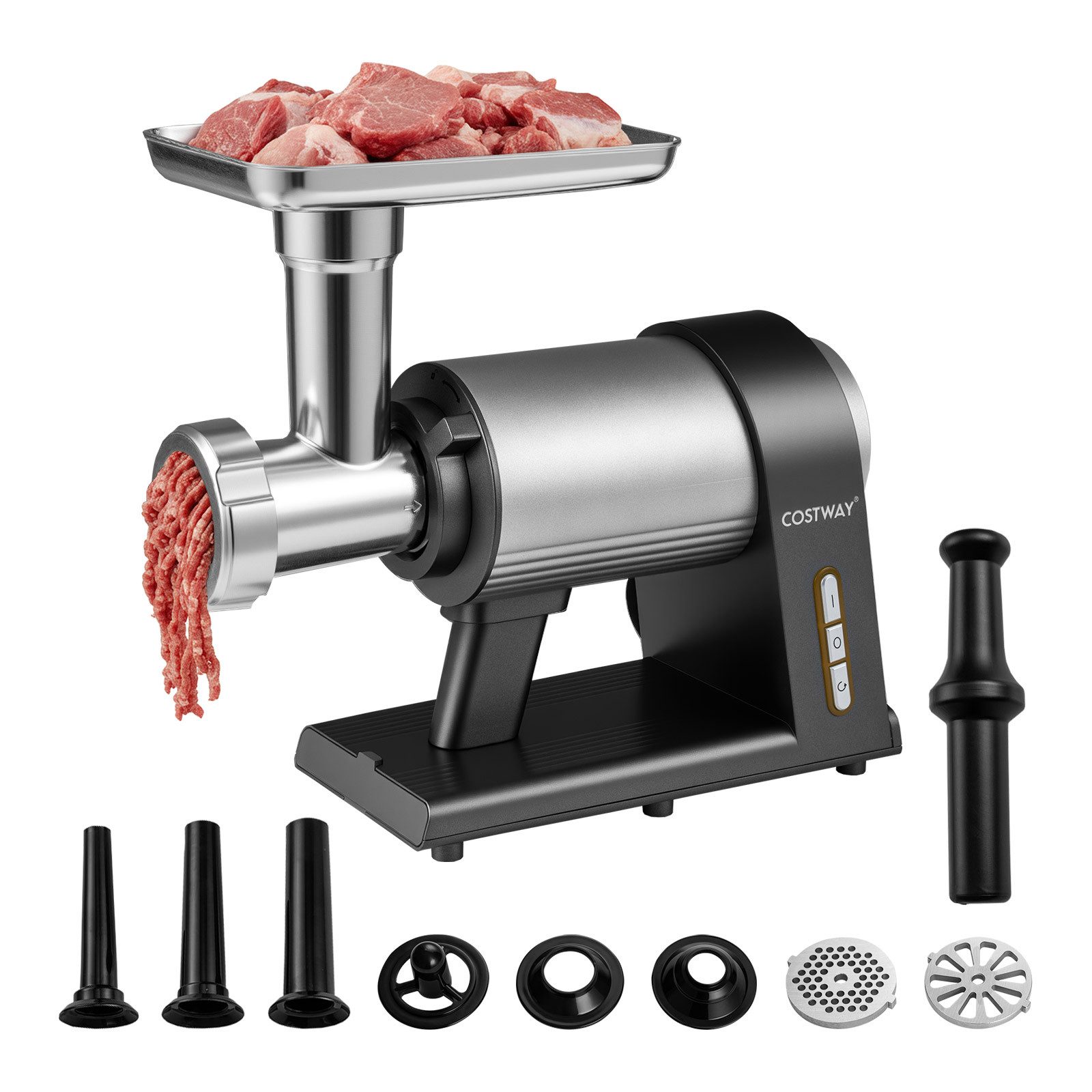 COSTWAY Fleischwolf, 2000 W, elektrisch, 3 Wurstfüllrohren, 3 Lochscheiben
