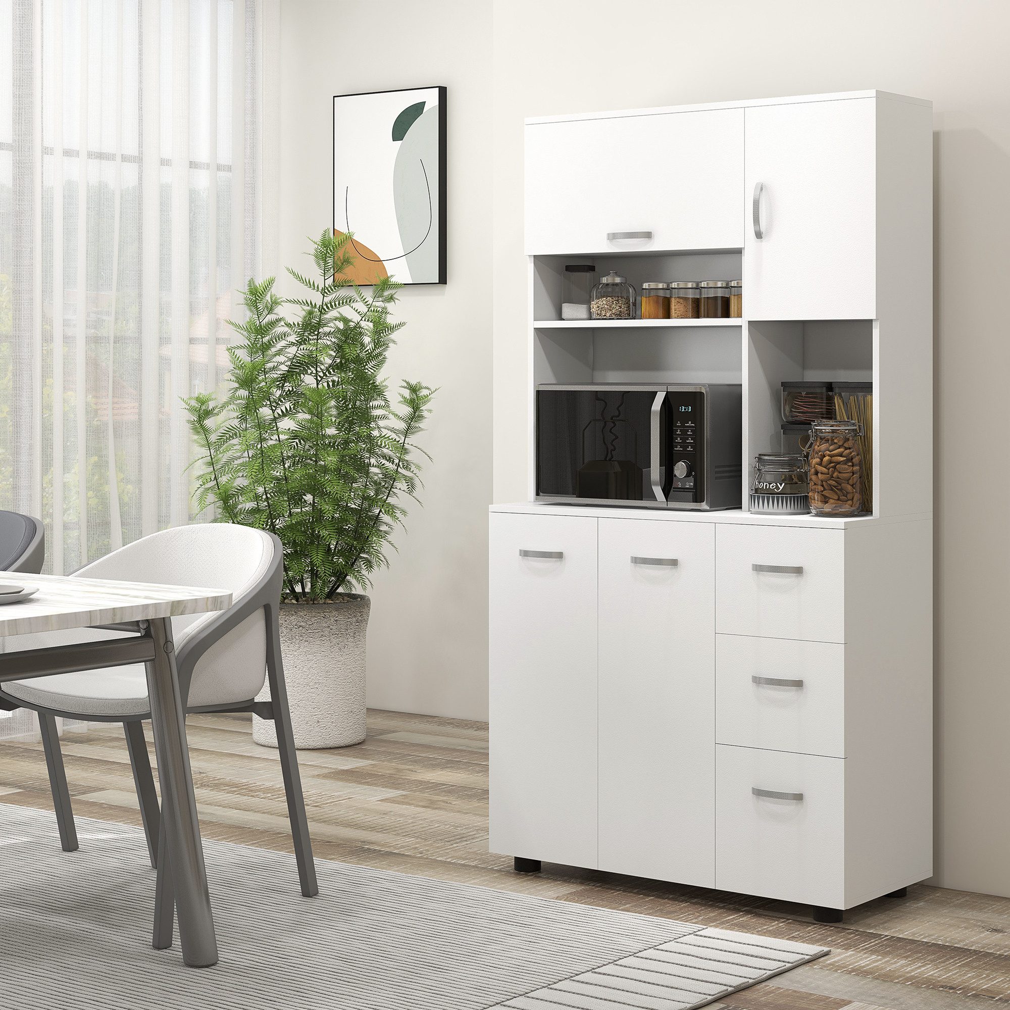 HOMCOM Küchenbuffet Küchenschrank Buffetschrank mit 3 offenen Fächern, 4 Türen (Esszimmerschrank, 1-St., Hochschrank) für Wohnzimmer, Esszimmer, 89 x 39,5 x 168 cm, Weiß