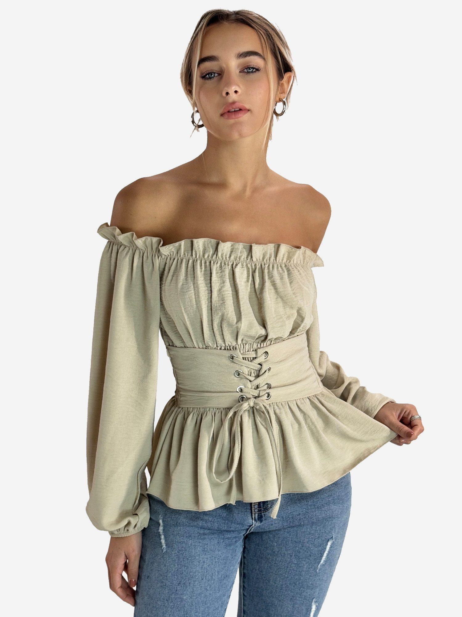 Elara Blusentop Damen Carmenbluse mit Schnürung, Smokbund und Ballonärmeln