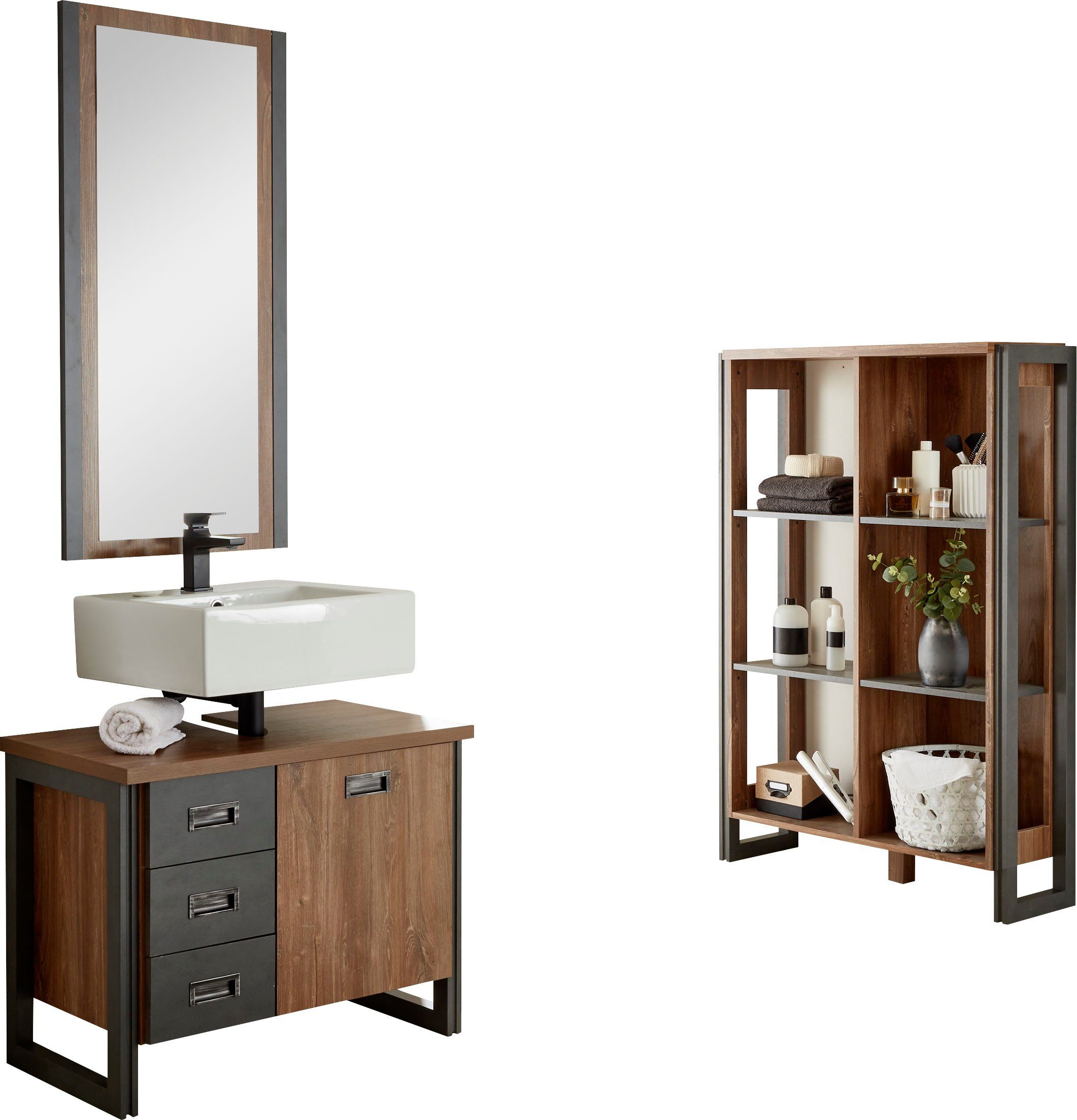 Home affaire Badmöbel-Set Detroit, Bad im Industrialdesign, 3-teiliges Badezimmer, (Set, 3-St), Unterschrank, Regal & Spiegel, holzfarben, offene Fächer & Stauraum