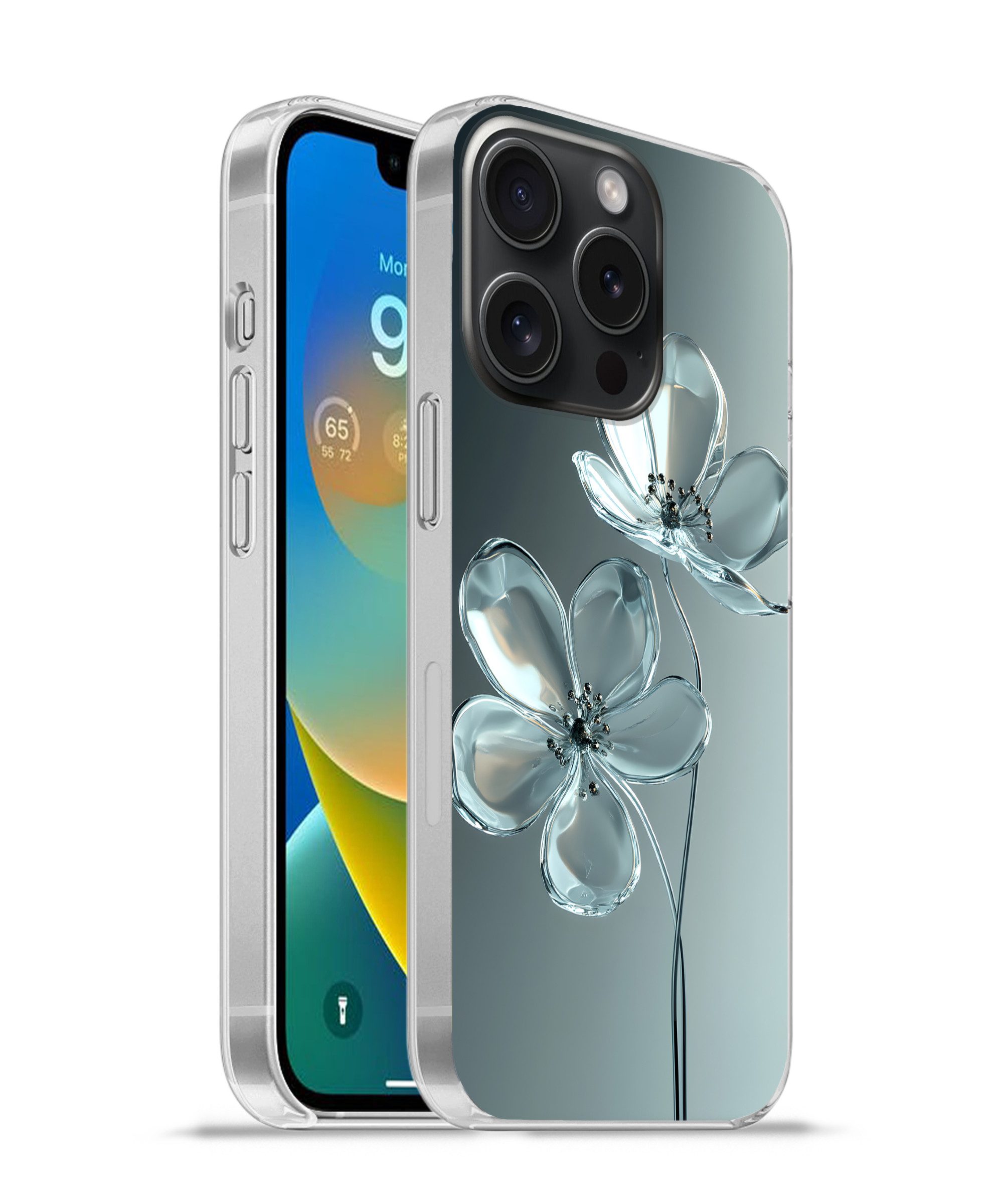 MuchoWow Handyhülle für Apple iPhone 15 Pro Kristall - Blumen - Grau, Smartphone-Bumper, Print, Handy Schutzhülle Dünn