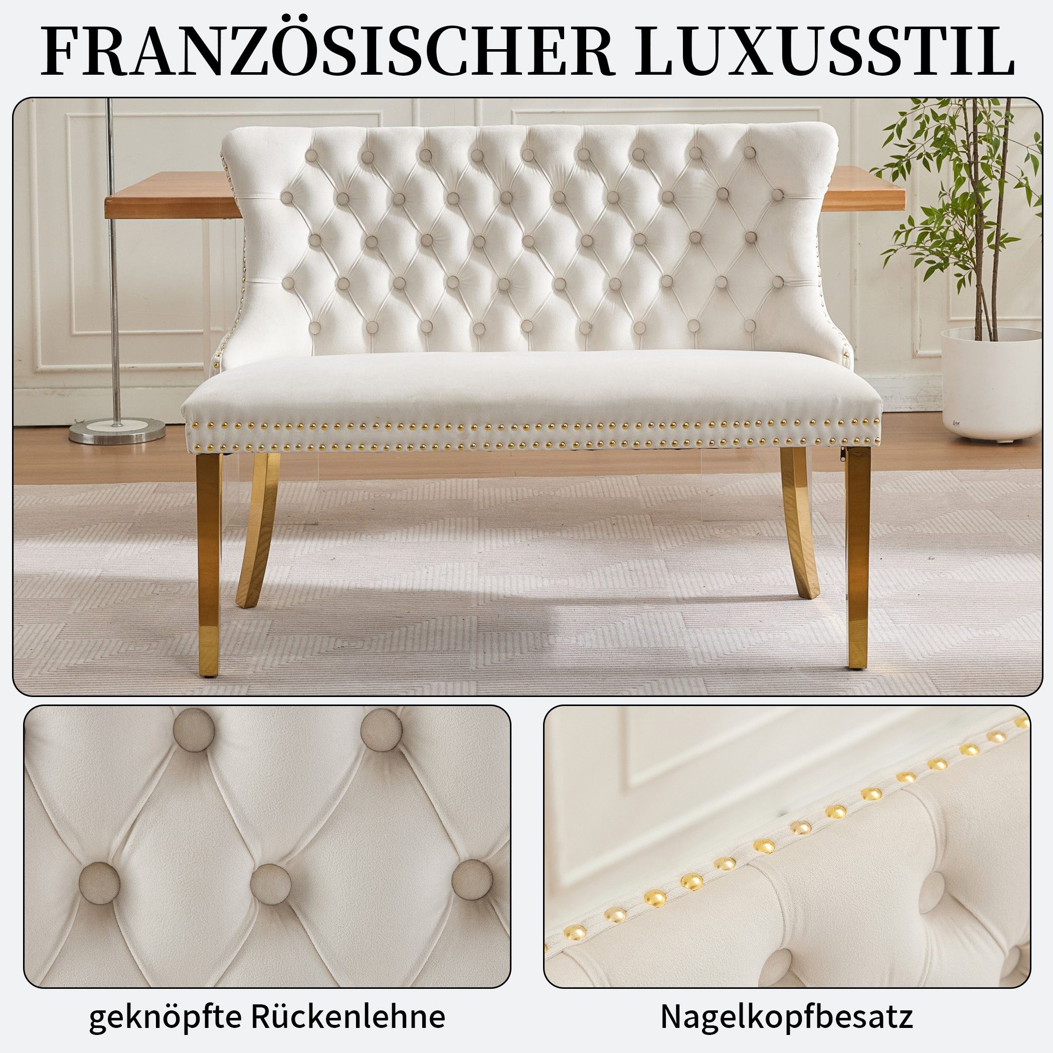SeedWave Esszimmerstuhl Esszimmerbank Samt Polsterbank, Ziernieten & Verstellbaren Stahlfüßen, Französischer Luxusstil Sitzbank inkl. Rückenlehne mit Knopfheftung