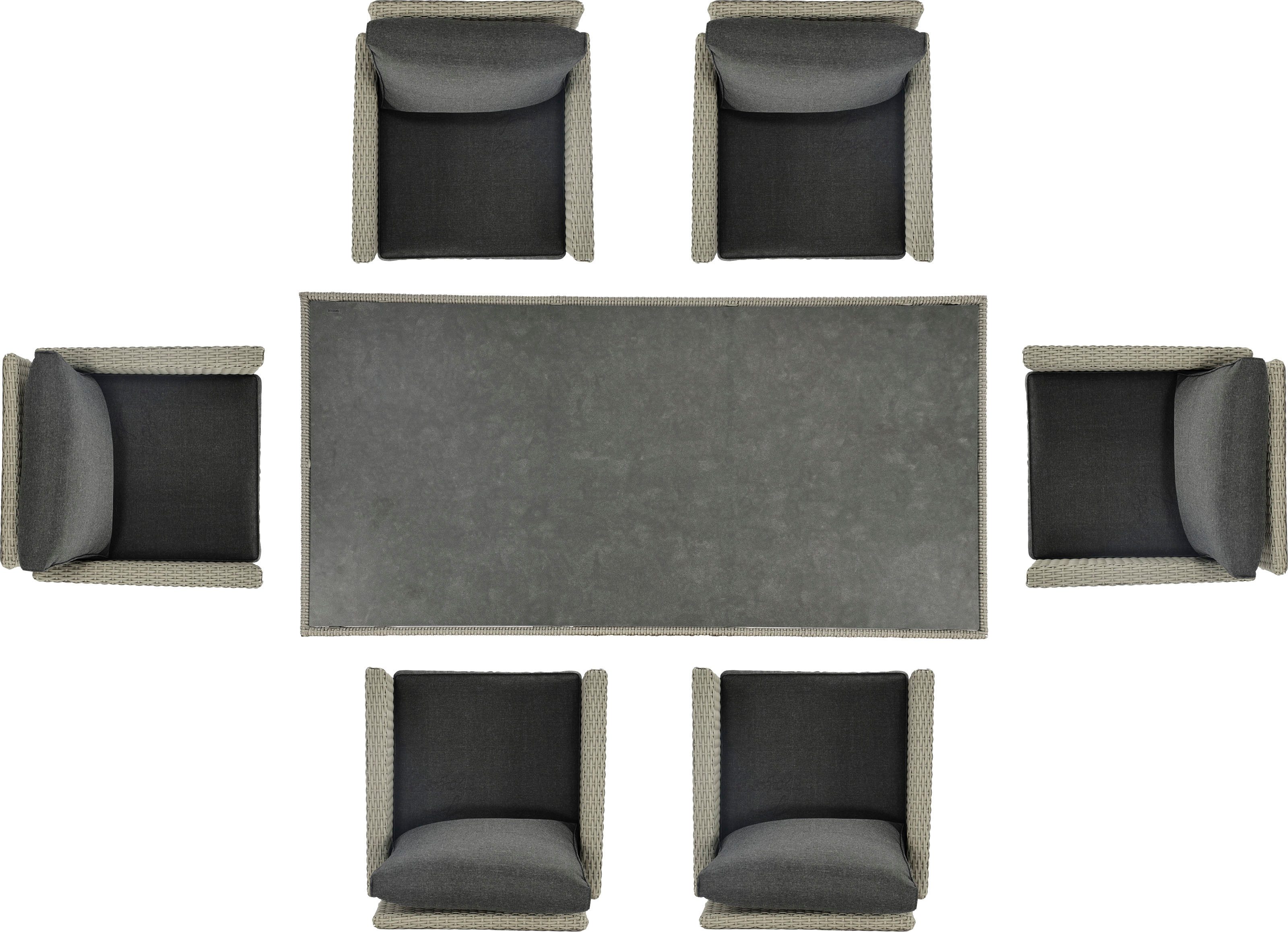 KONIFERA Garten-Essgruppe Amsterdam, (Set, 19-tlg., 6x Sessel, 6x Sitzauflagen, 6x Rückenauflagen, 1x Tisch), bestehend aus 6 Sesseln, 12 Sitz- und Rückenkissen und 1 Tisch