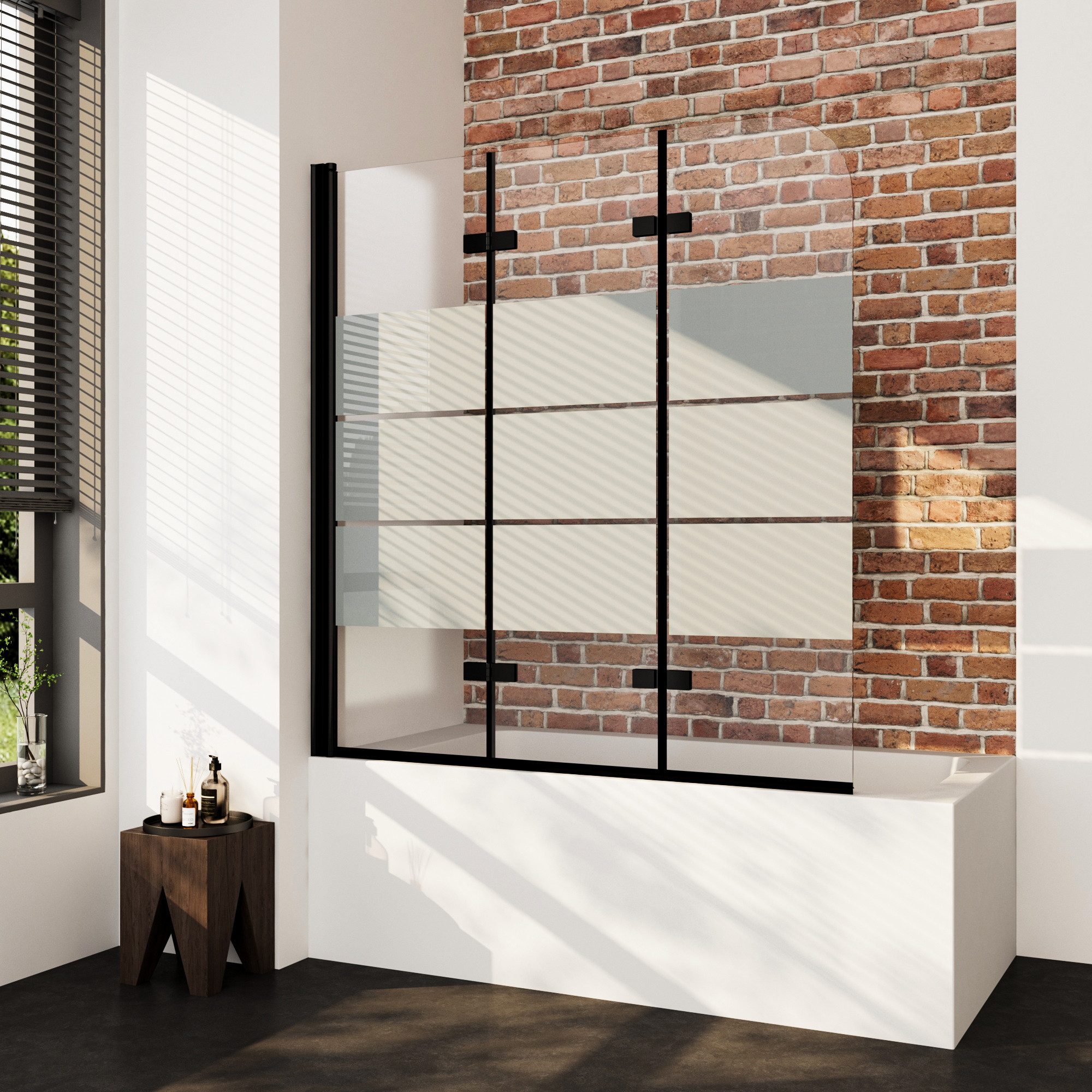 Boromal Badewannenaufsatz 3 teilig Faltwand Duschwand für Badewanne faltbar Badewannenfaltwand, Schwarz Chrom Milchglas Aluprofile, (Badewannenaufsatz Schwarz Weiß Chrom Milchglas, 120x140, 130x140, 140x140, 150x140, 160x140cm), Sicherheitsglas