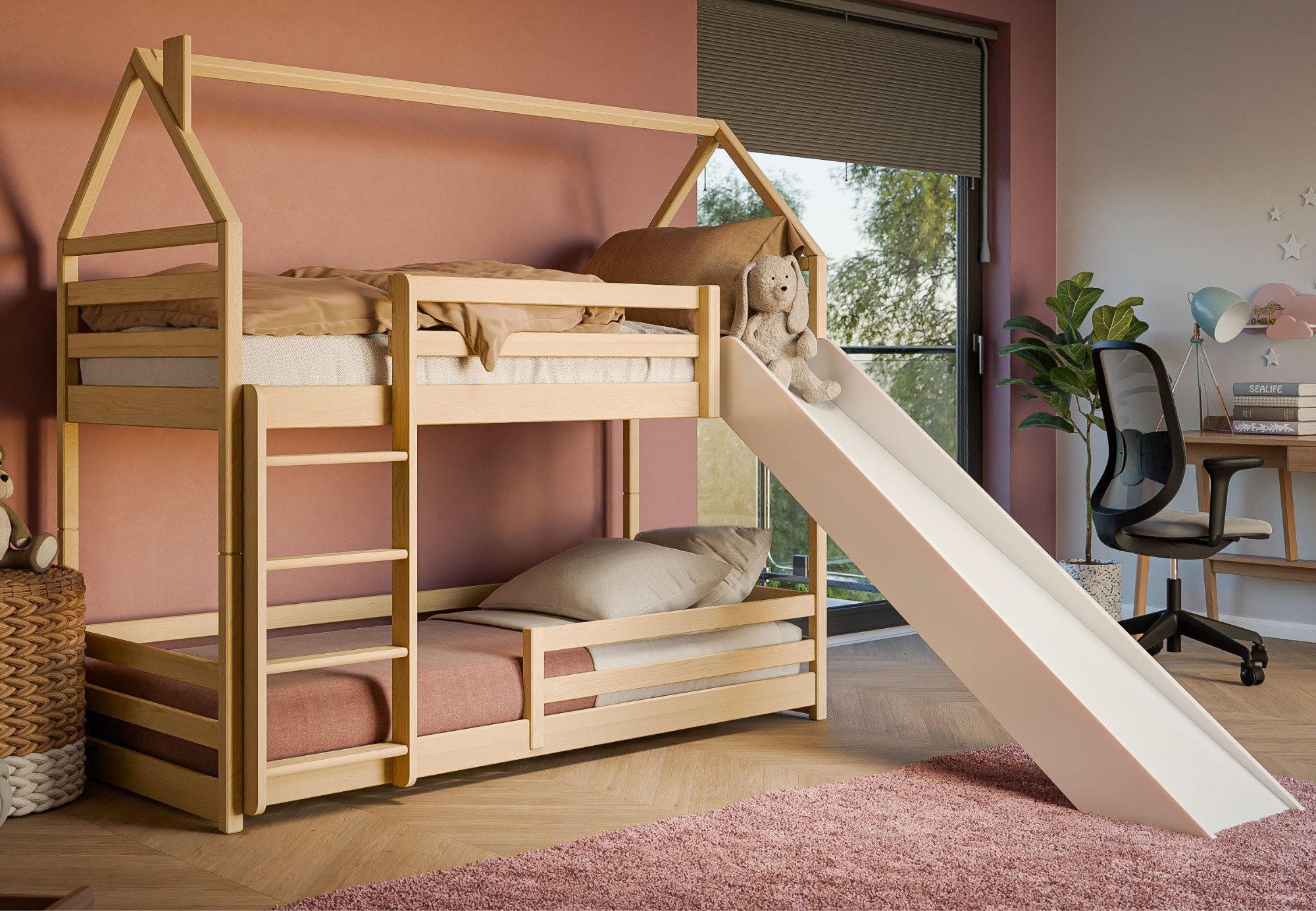 Hochbett mit Rutsche 90x200 cm, Hausbett, Etagenbett mit Rausfallschutz, Leiter