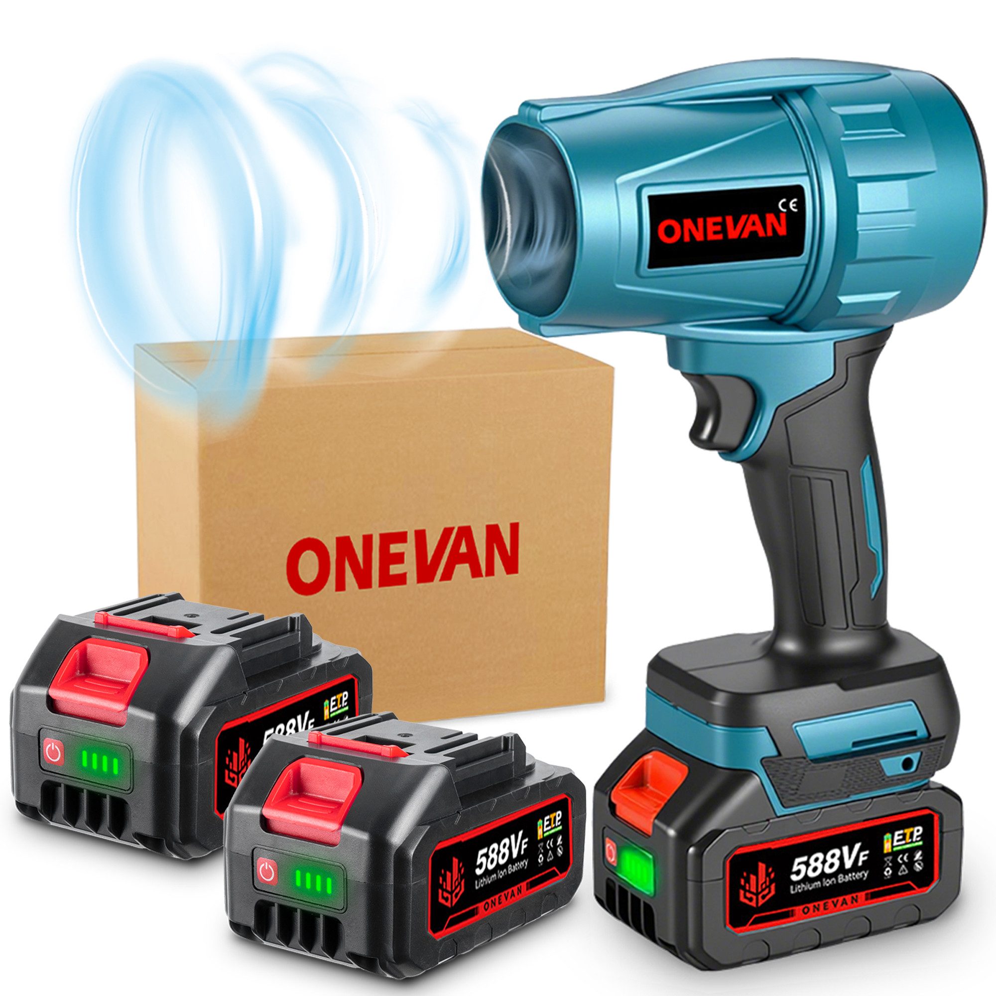 ONEVAN Akku-Gebläse 160 m/s Bürstenloser Turbo-Jet-Lüfter, Tragbarer Akku-Laubbläser, mit 2 x Akku, Leicht Laubbläser, Für Laub/Schnee/Staub/Auto/SäGemehl