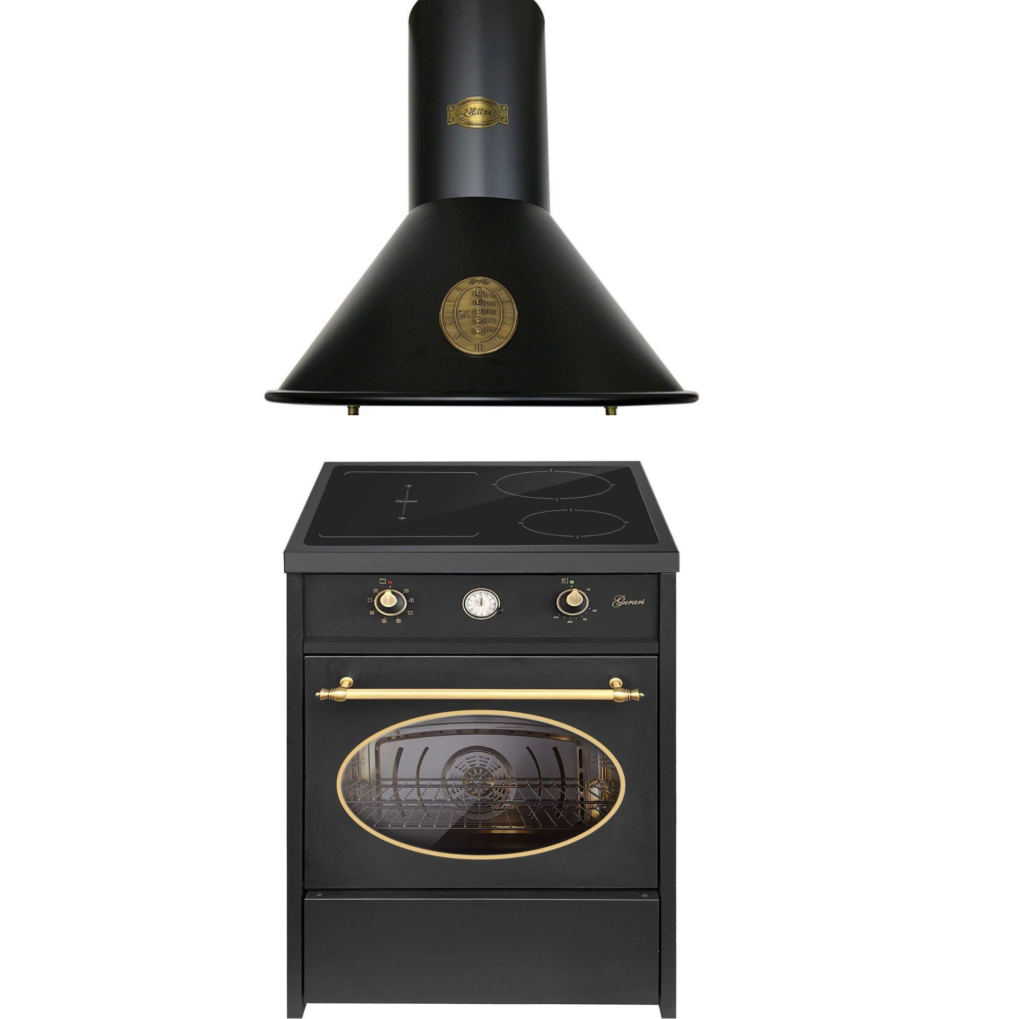 GURARI Induktions-Standherd 60 cm, Induktion, Retro, Schwarz, Range Coocker+Dunstabzugshaube 60cm Nostalgie Design 3 Stufen GCH E 612 BL r+A 6423 BE ECO, mit 1-fach-Teleskopauszug