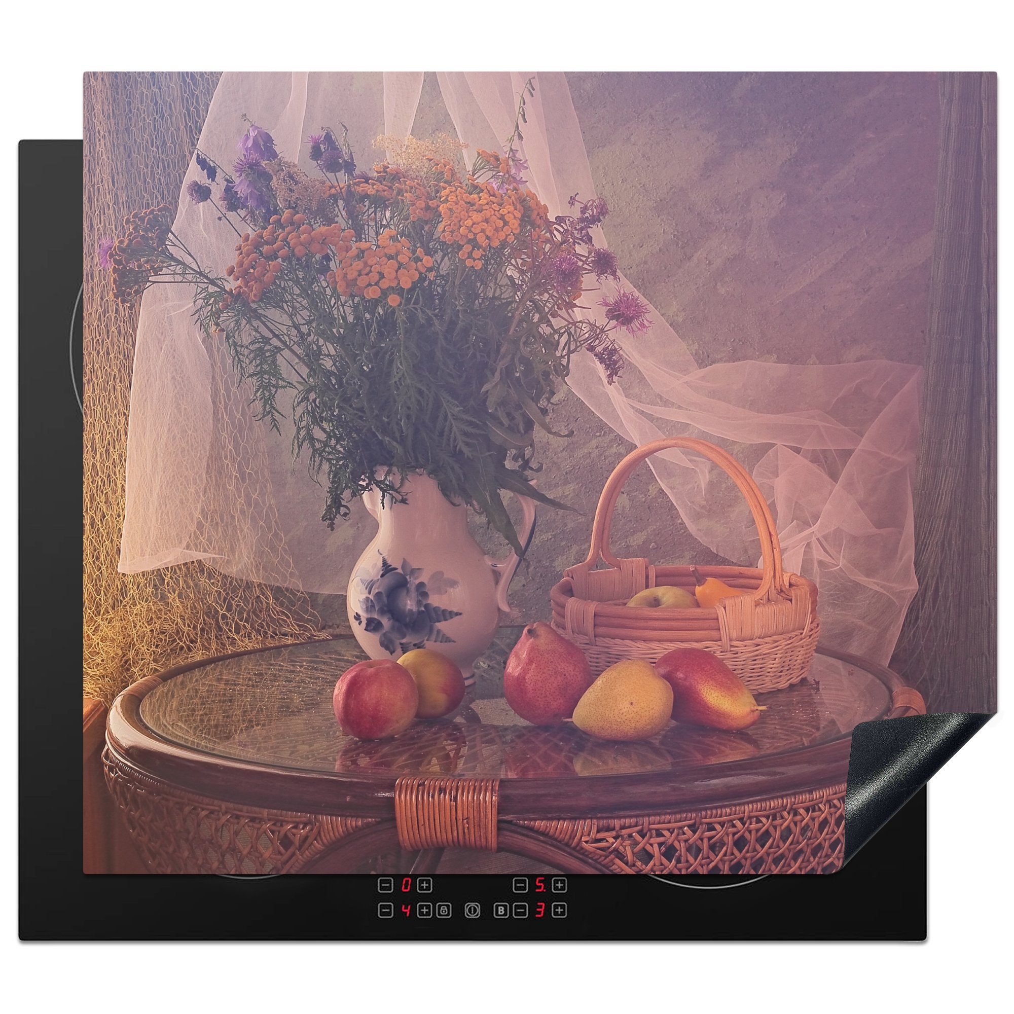 MuchoWow Herdblende-/Abdeckplatte Stilleben - Malerei - Vase mit Blumen - Obst - Apfel - Kunst, Vinyl, (1 tlg), 57x51 cm, Induktionsschutz, Induktionskochfeld, Ceranfeldabdeckung