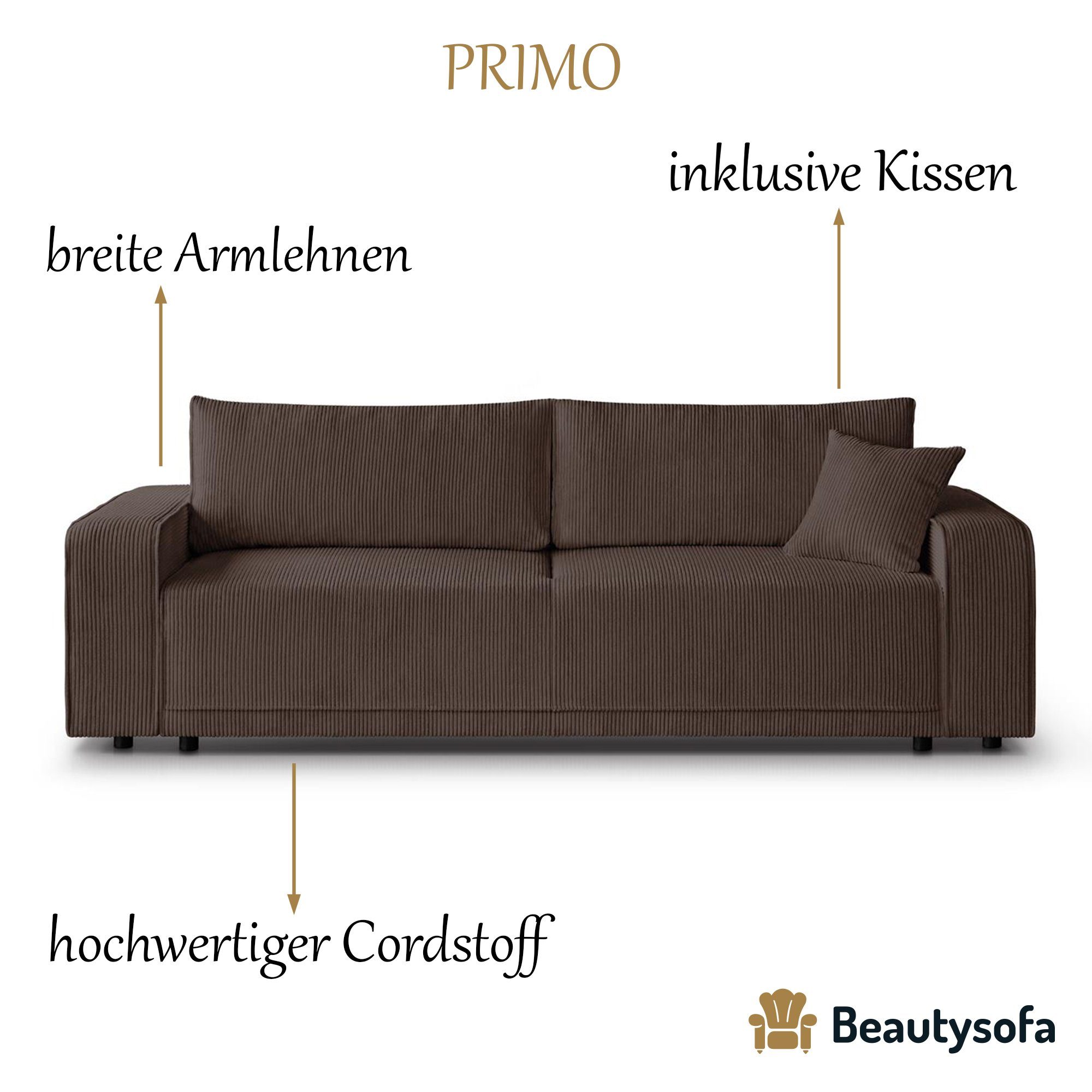 Armlehnen PRIMO, Sofa, Beautysofa Wellenfedern, Braun Bettkasten, Schlafsofa (poso modernes Schlaffunktion, Design 06) breite