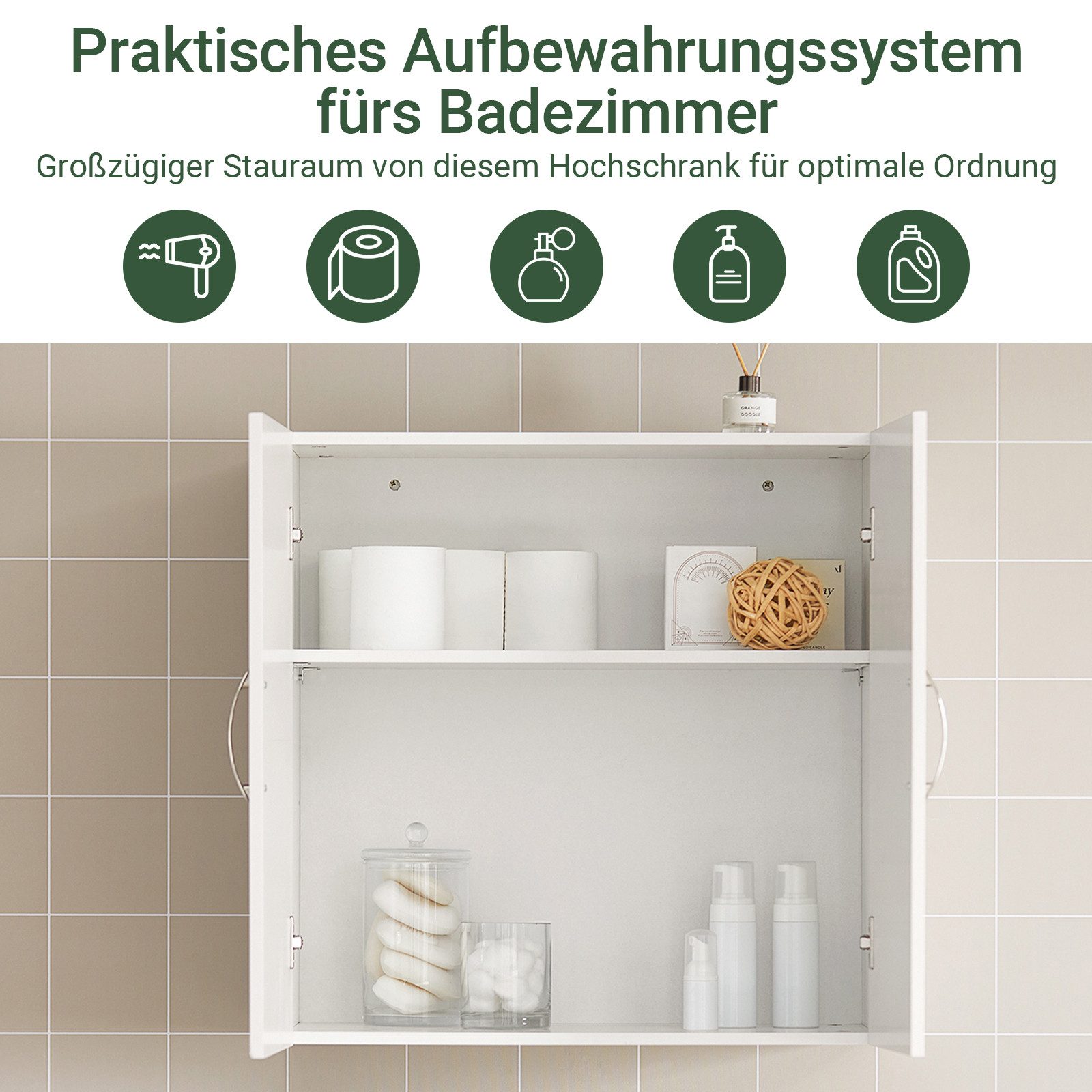 SoBuy Hängeschrank FRG231, Hängeschrank Badezimmerschrank Badschrank Wandschrank Küchenschrank, 30 x 60 x 60 cm, mit 2 Türen, Bad, Küche