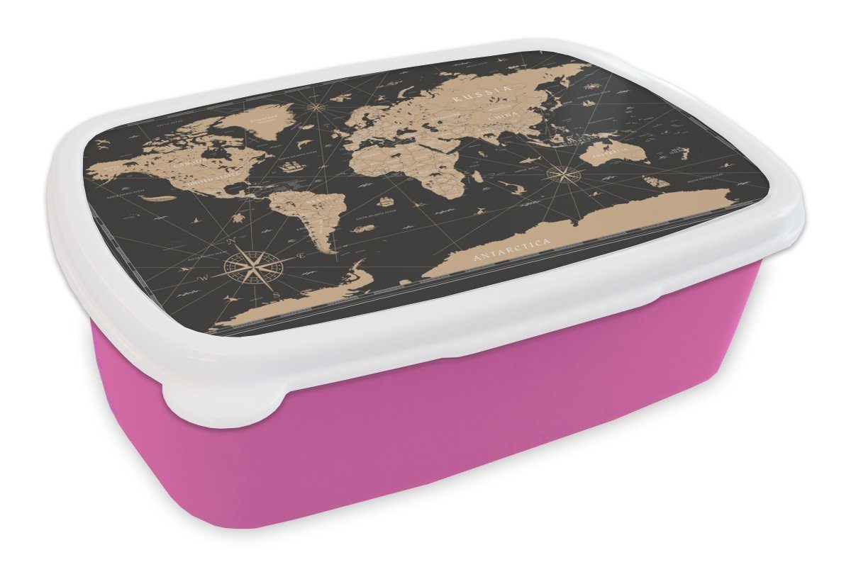 MuchoWow Lunchbox Karte - Welt - Braun, Kunststoff, (2-tlg), Brotbox für Erwachsene, Brotdose Kinder, Snackbox, Mädchen, Kunststoff rosa