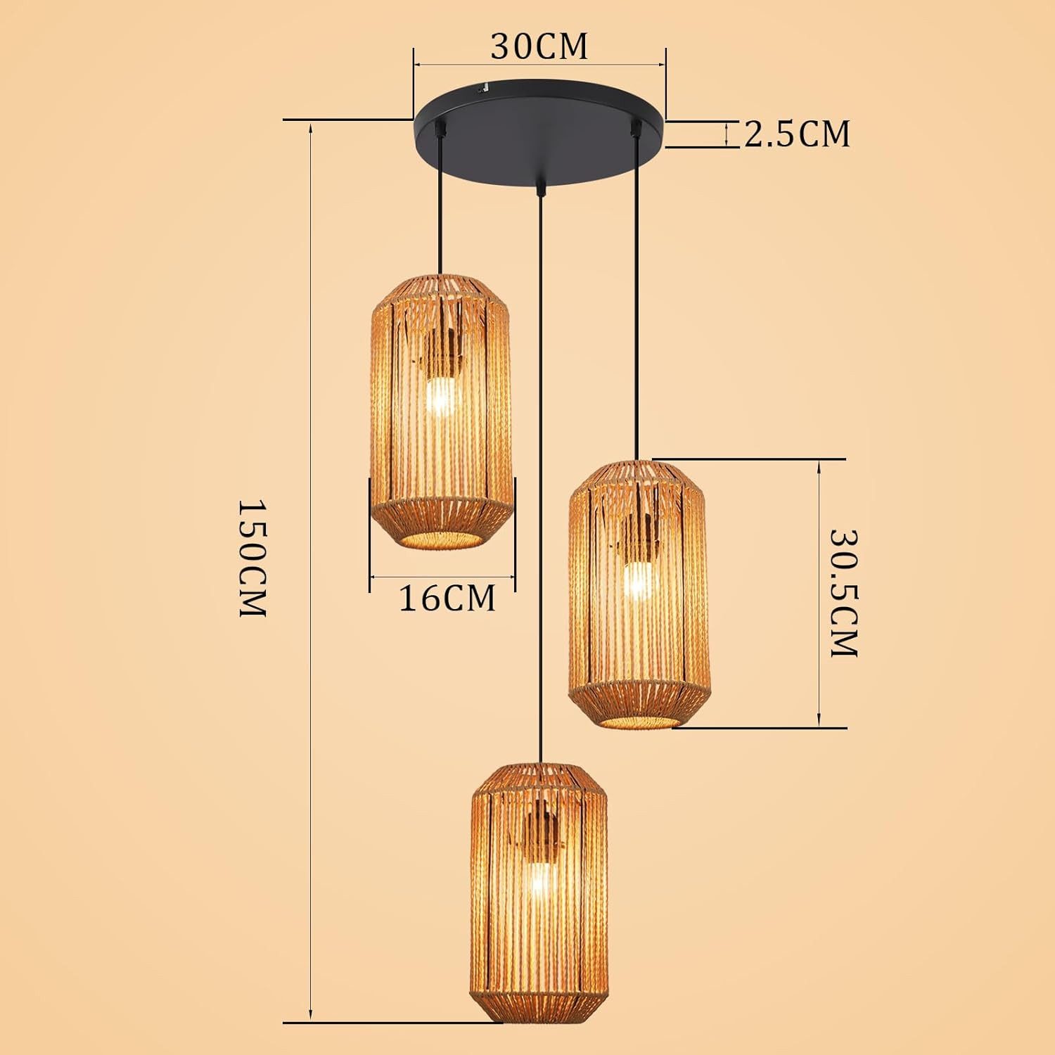 Nettlife Pendelleuchte Rattan 3 flammig Boho E27 Hängeleuchte für Esstisch, Ohne Leuchtmittel, für Esstisch Esszimmer Schlafzimmer Wohnzimmer – Bild 3 von 5