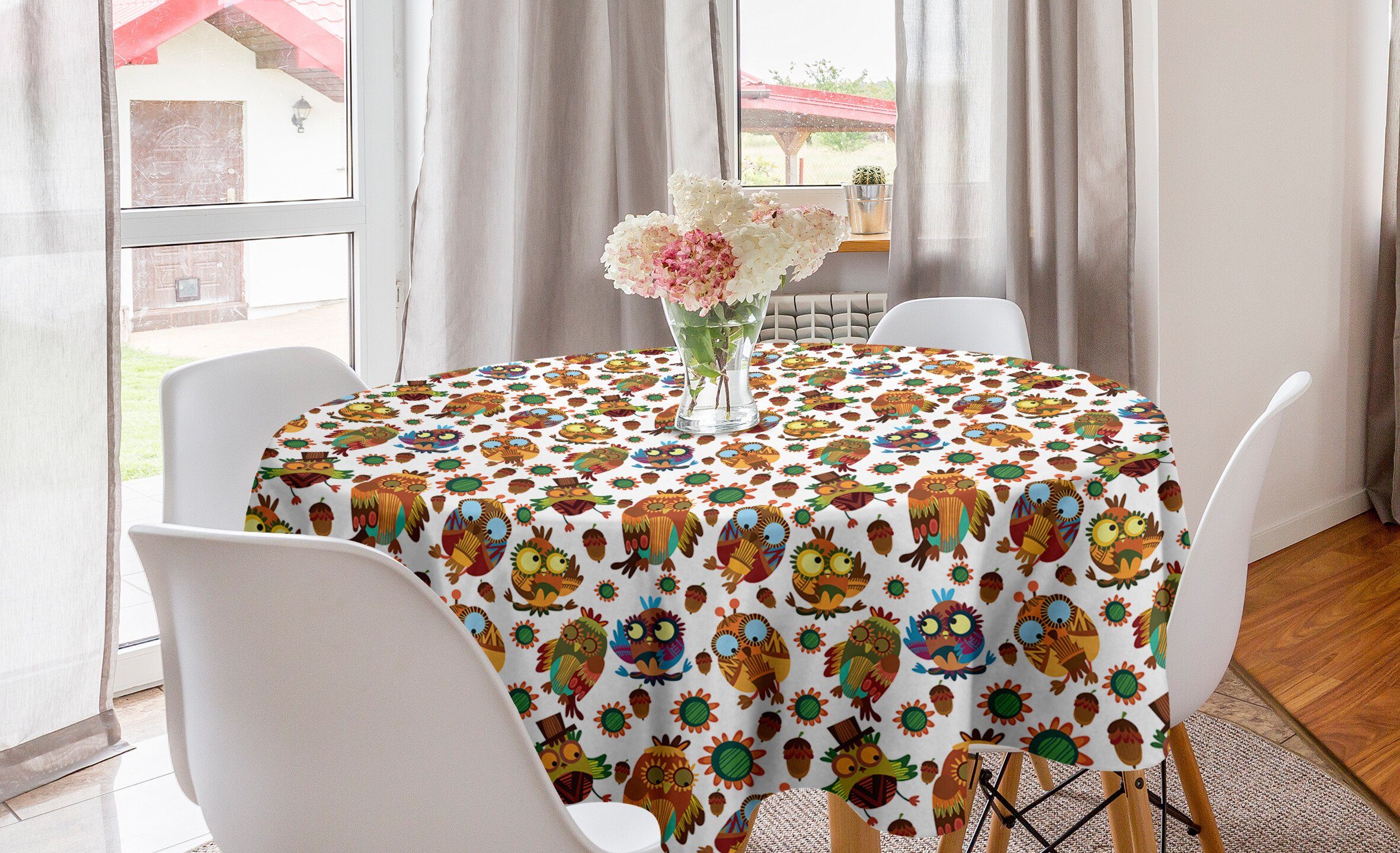 Tischdecke Eulen Dekoration, für Kreis Tischdecke Küche Vögel Acorns Abakuhaus Esszimmer Lustige Abdeckung Petals
