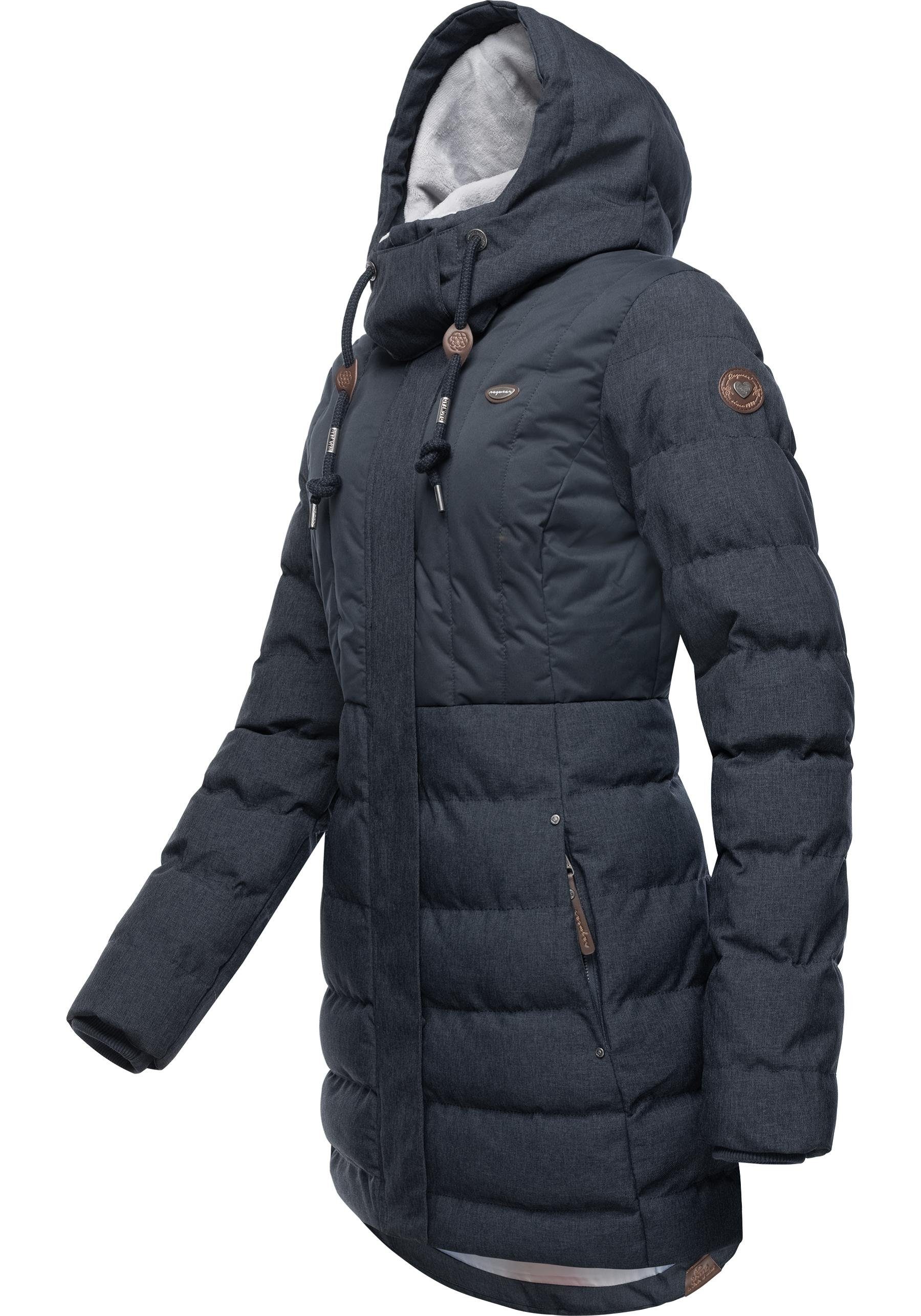 Winterjacke navy Block stylischer, Ashanta Kapuze gefütterter Winterparka mit gesteppter Ragwear