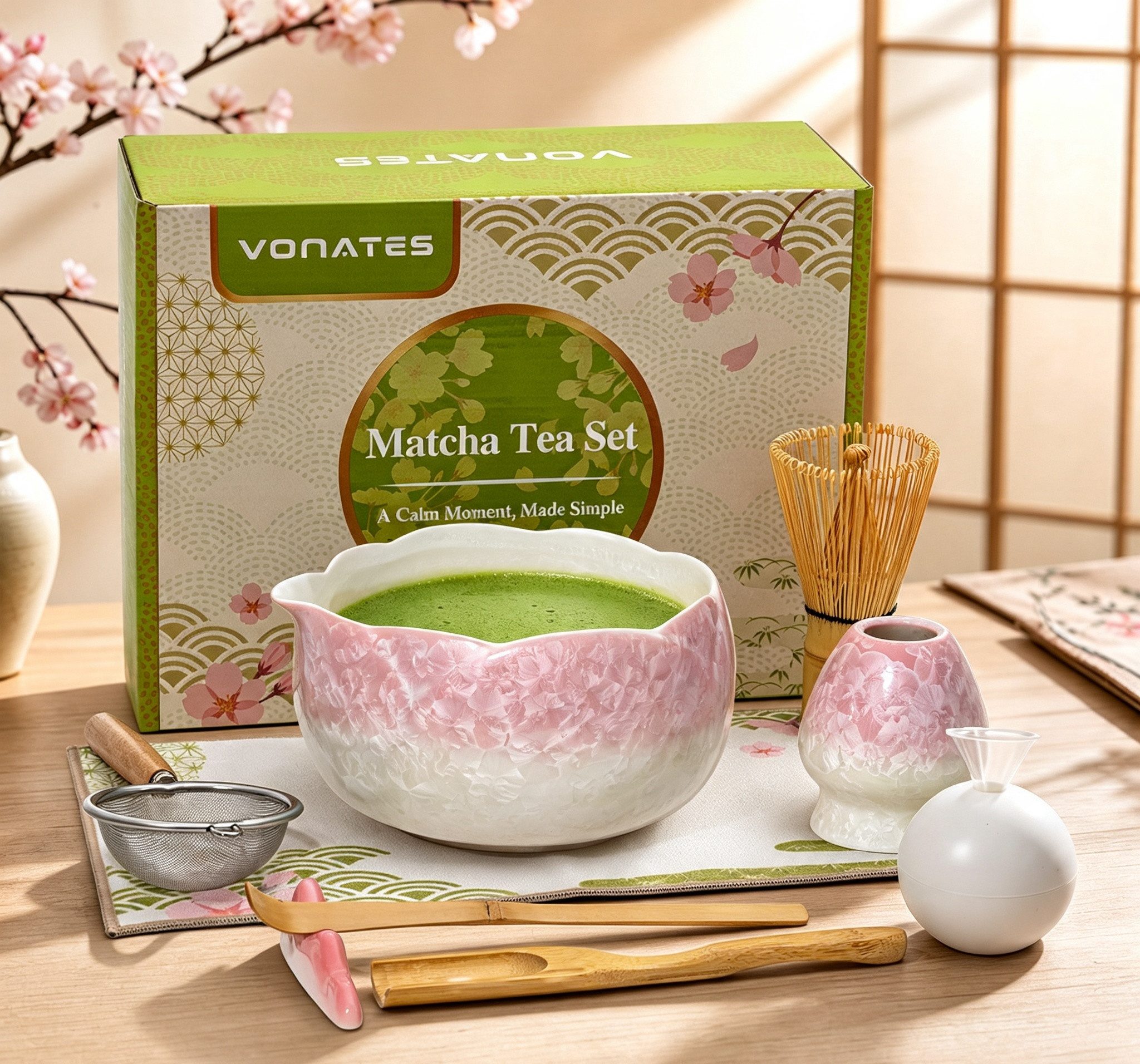 VONATES Teeservice 9tlg Elegantes Matcha Set mit Sakura-Blumenrelief, Matcha-Rührer-Set, mit Matcha-Schale, Bambusbesen, Teelöffel, Besenhalter, Eiswürfelform