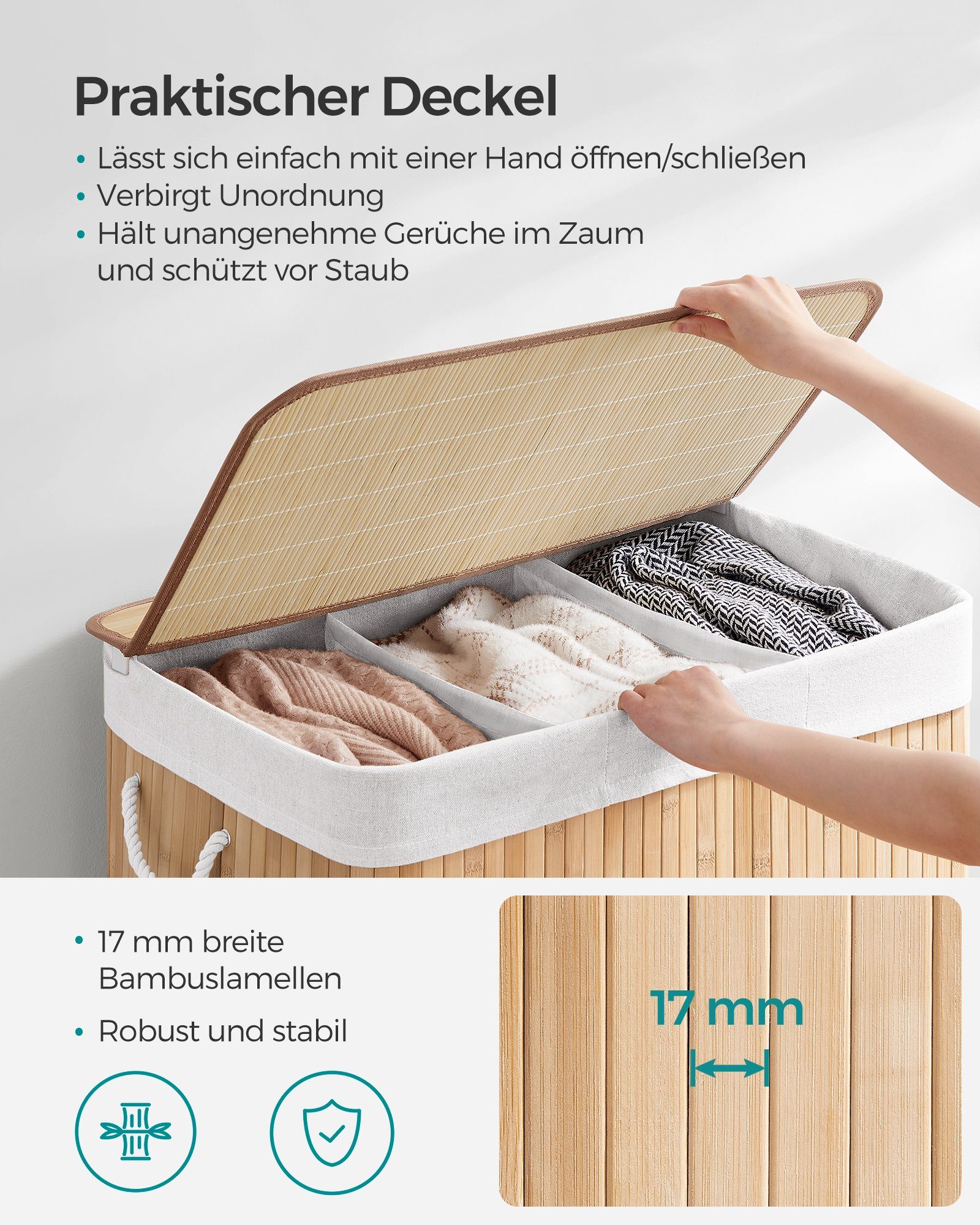 SONGMICS Wäschekorb 3 Fächer, 150 L Wäschesammler mit Deckel, Wäschebox Bambus, faltbar, Wäschesack herausnehmbar maschinenwaschbar, Waschküche