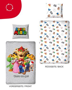 Bettwäsche Super Mario 135x200 + 80x80 cm, 100 % Baumwolle, MTOnlinehandel, Flanell, 2 teilig, lizenzierte Nintendo Biber Bettwäsche für Kinder & Teenager