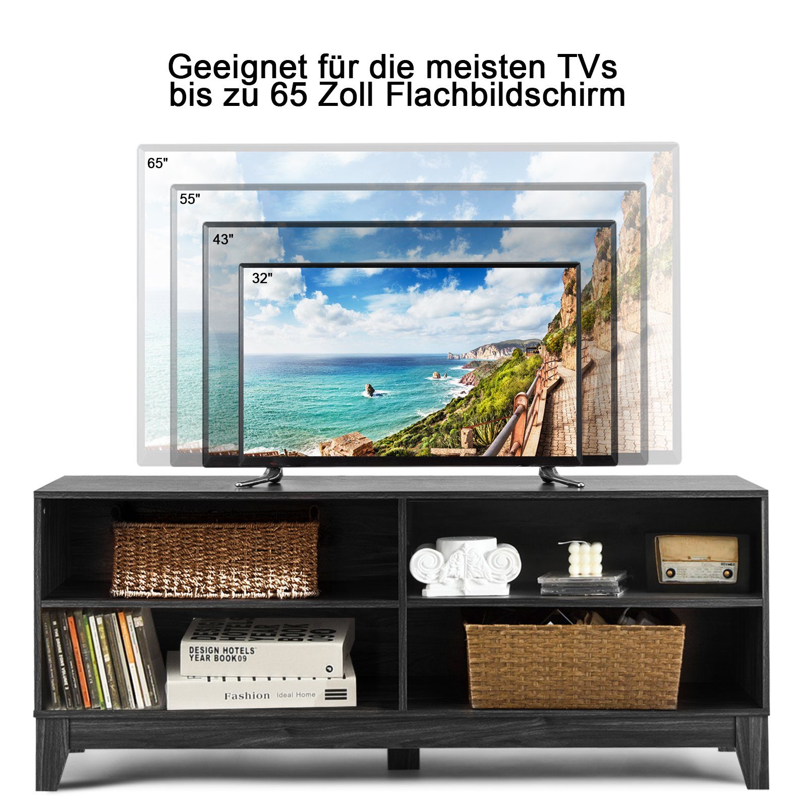 COSTWAY TV-Schrank Holz TV-Ständer 147x40x61cm Dunkelbraun Regale, mit