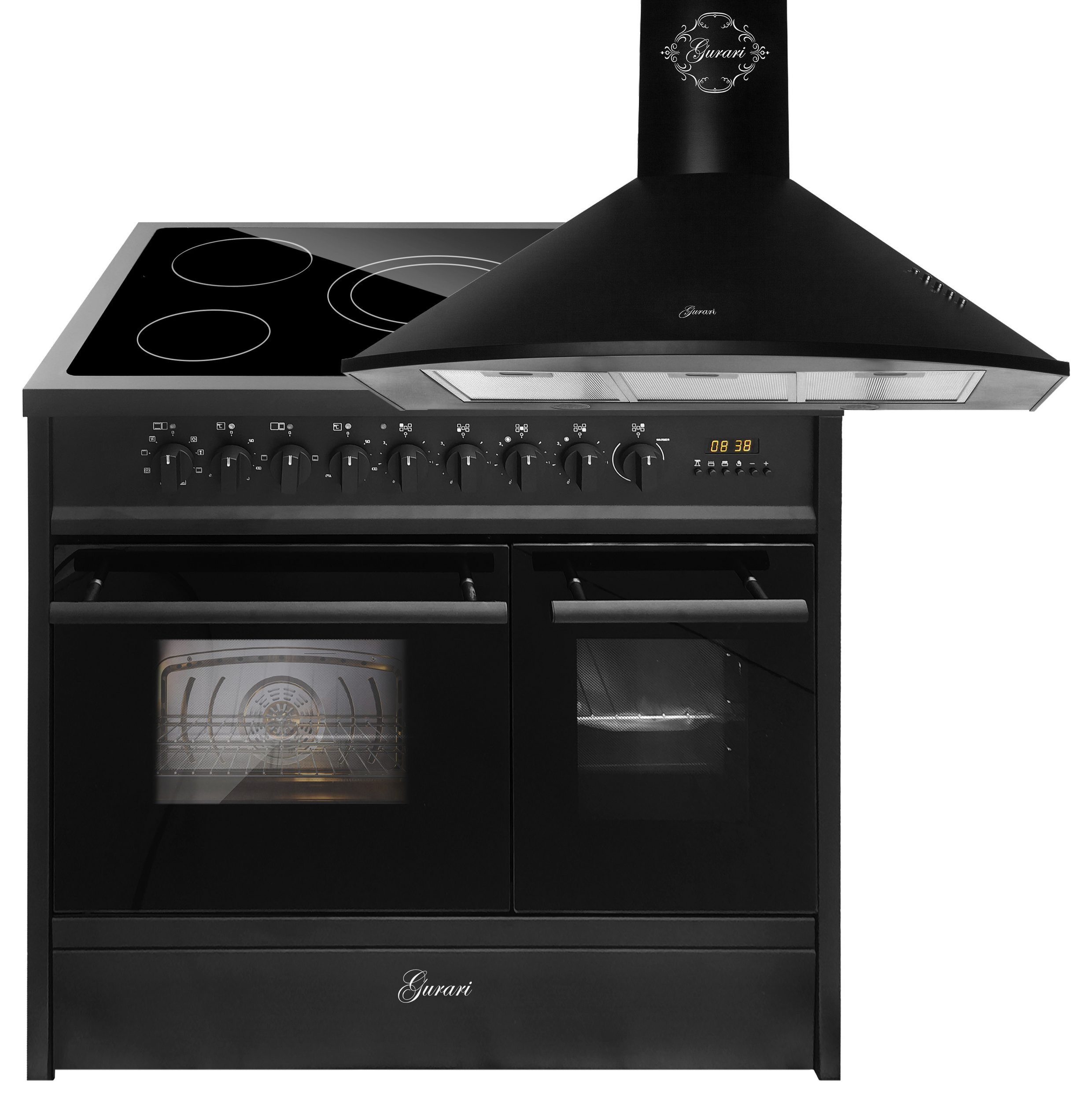 GURARI Elektro-Standherd Elektro herd 90 cm, Doppelbackofen, Schwarz, Range Coocker 90 cm mit Dunstabzugshaube 90 cm 1000m³/h Wandhaube Schwarz GCH E 912 DF BL+GCH 046 BL 9, mit 1-fach-Teleskopauszug