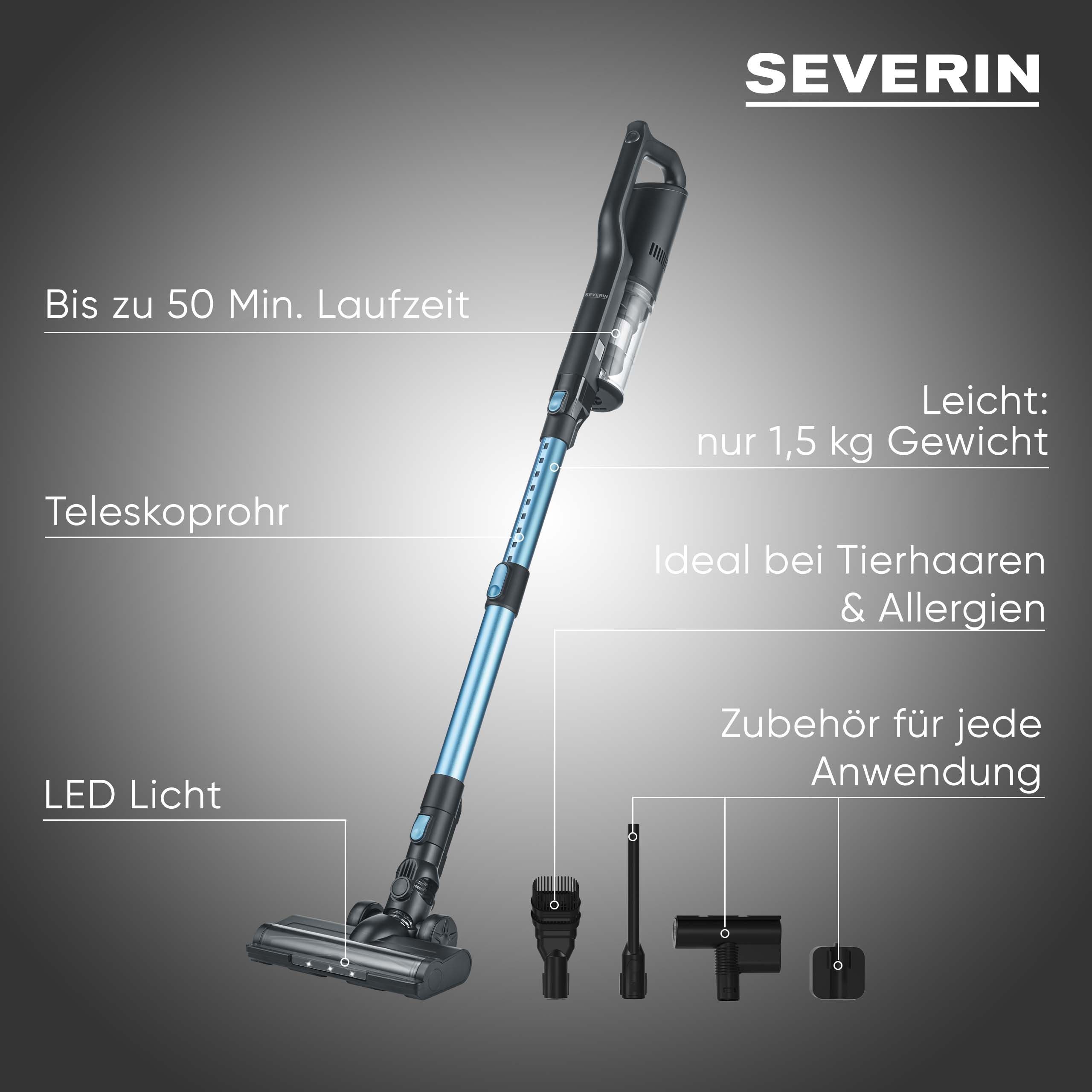 Severin Akku-Stielstaubsauger HV 7151, 300 W, kabellos, höhenverstellbar, LED-Beleuchtung, 50 min Laufzeit, 300 W