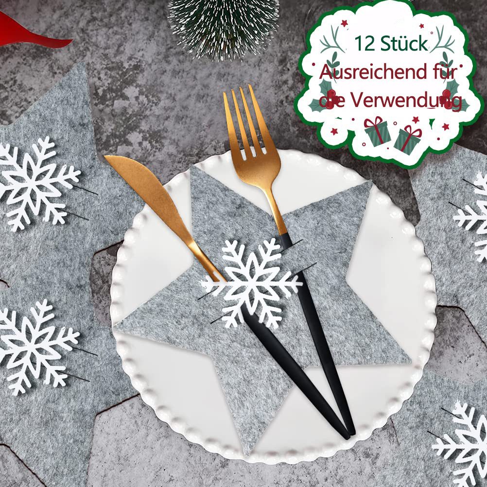 FOUORTUNATE-BEE Besteckhalter 12 Stück Stern Besteckhalter Weihnachten Filz, (Bestecktasche Stern Besteckbeutel Tischdekoration, Grau Weihnachts Schneeflocken M – Bild 5 von 5