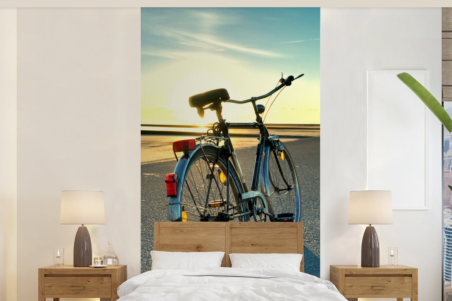 MuchoWow Fototapete Nordsee - Fahrrad - Sonnenuntergang, Matt, bedruckt, (2 St), Vliestapete für Wohnzimmer Schlafzimmer Küche, Fototapete