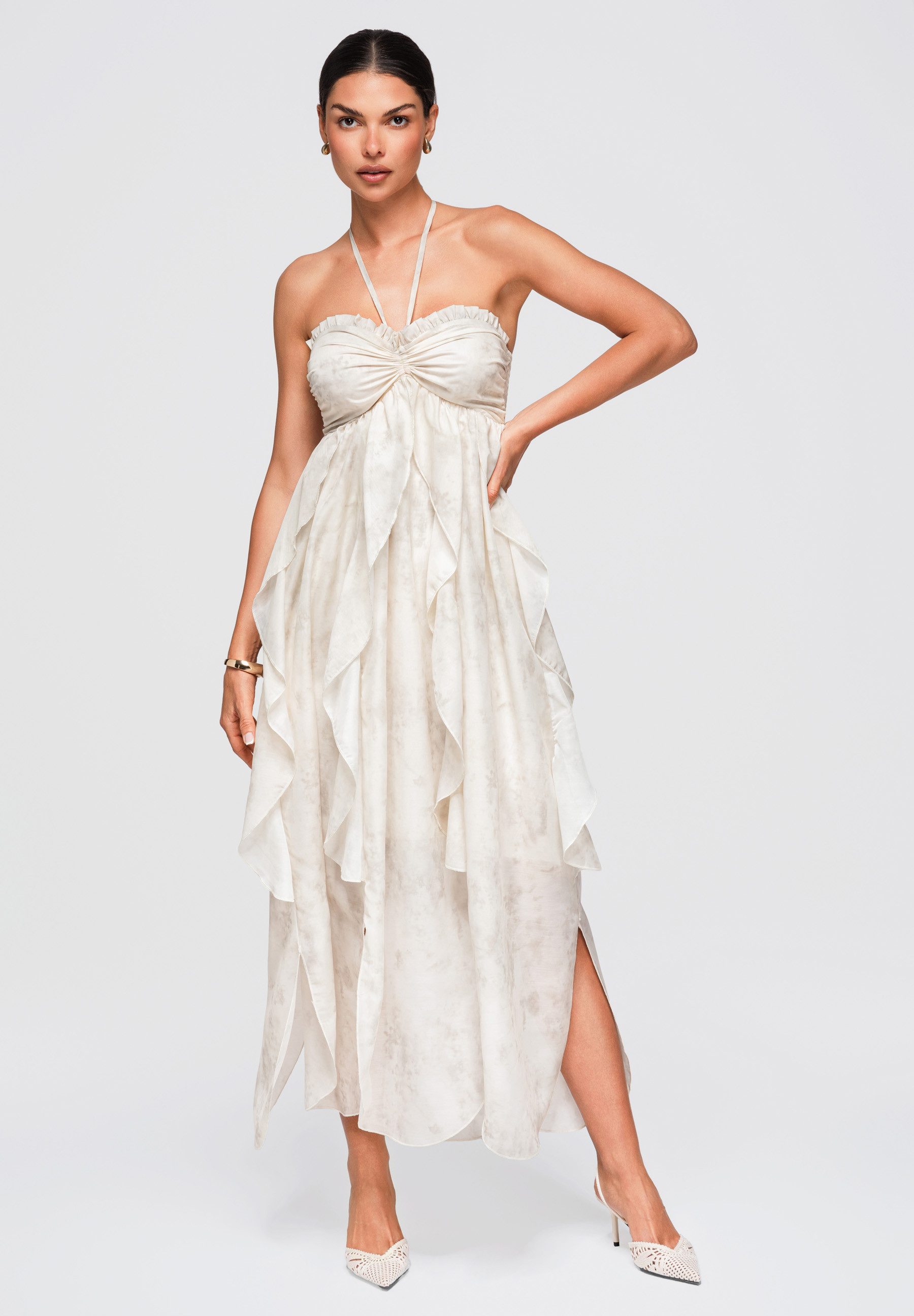 OMBRE Maxikleid Damen Maxikleid mit V-Ausschnitt und Rüschen Beige L (kein Set, 1-tlg) fließender Stoff