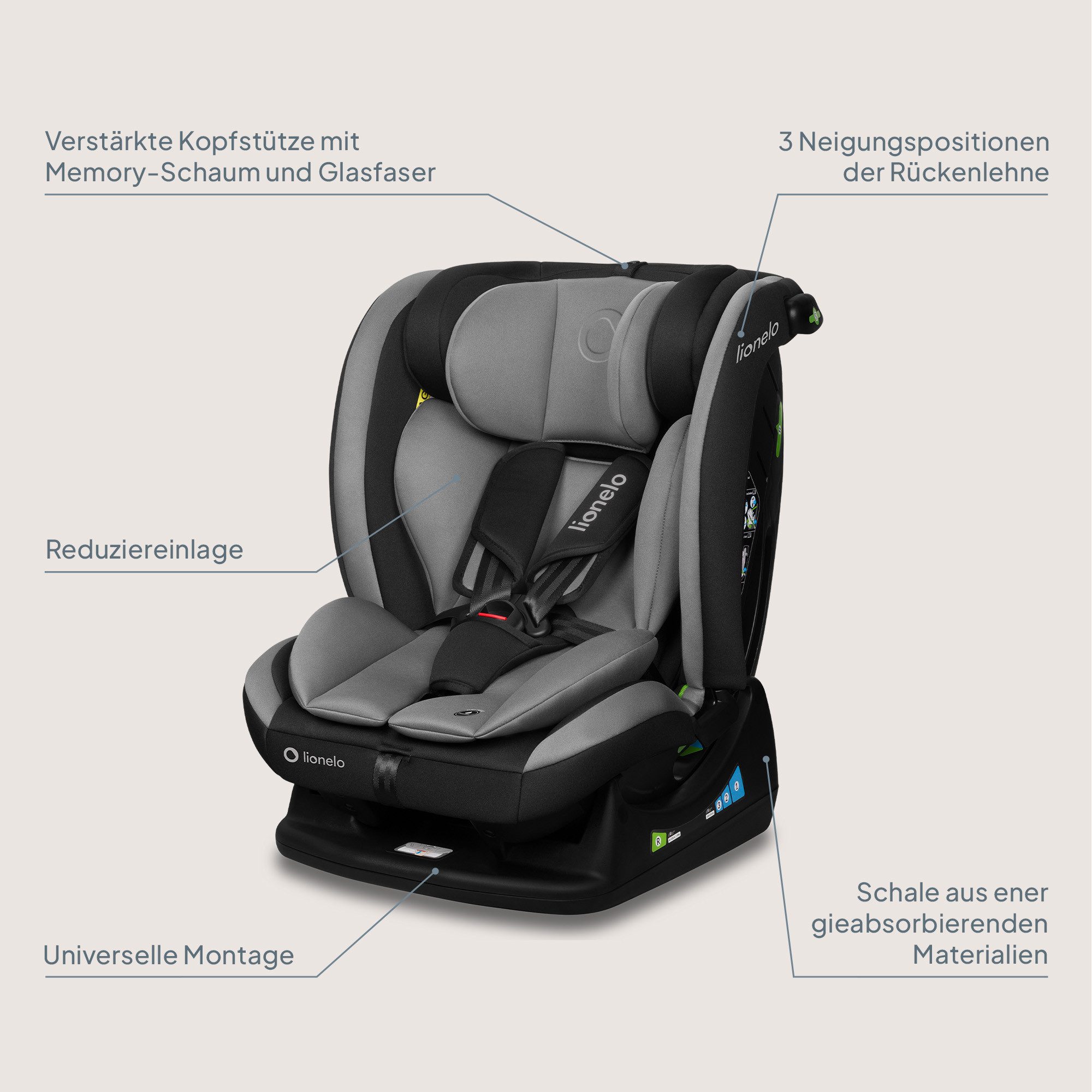lionelo Autokindersitz AART I-SIZE, ab: ab Geburt, bis: 12 Jahre, ab: 40,00 cm, bis: 150,00 cm, (Autositz, Bedienungsanleitung, Verkleinerungseinsatz, Lendeneinsatz, Baby Card), i-SizeBreiter Anpassungsbereich Ein zusätzlicher Seitenschutz 4in1