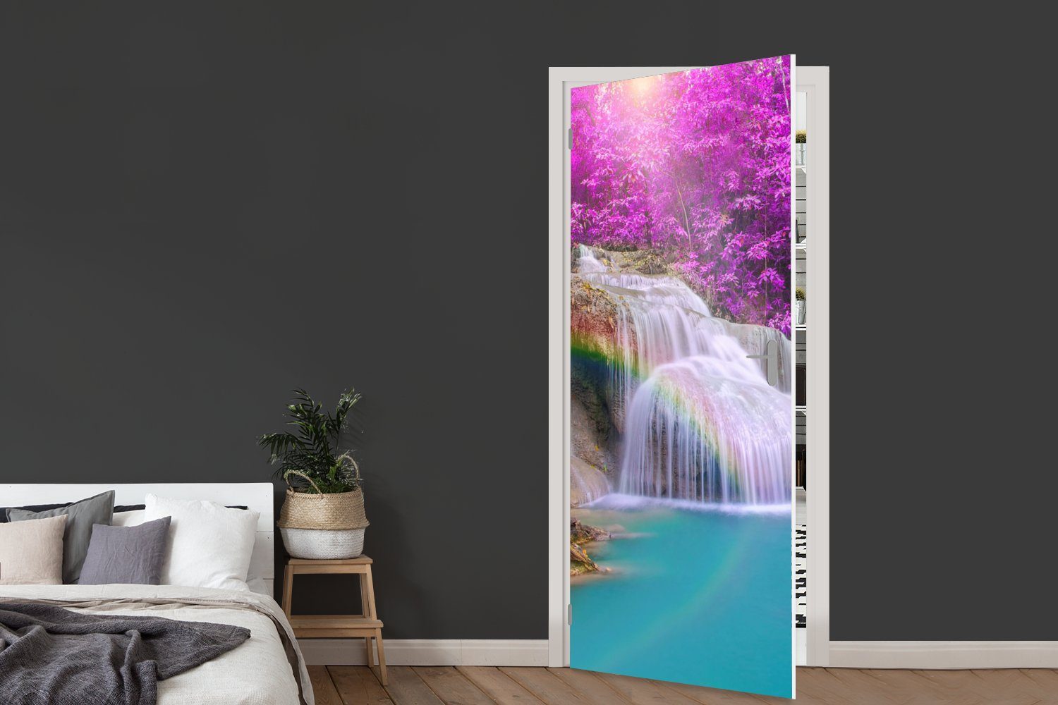 Tür, 75x205 - Türtapete - Matt, - Türaufkleber, für Lila, (1 Bäume cm Wasserfall Regenbogen St), bedruckt, Fototapete MuchoWow