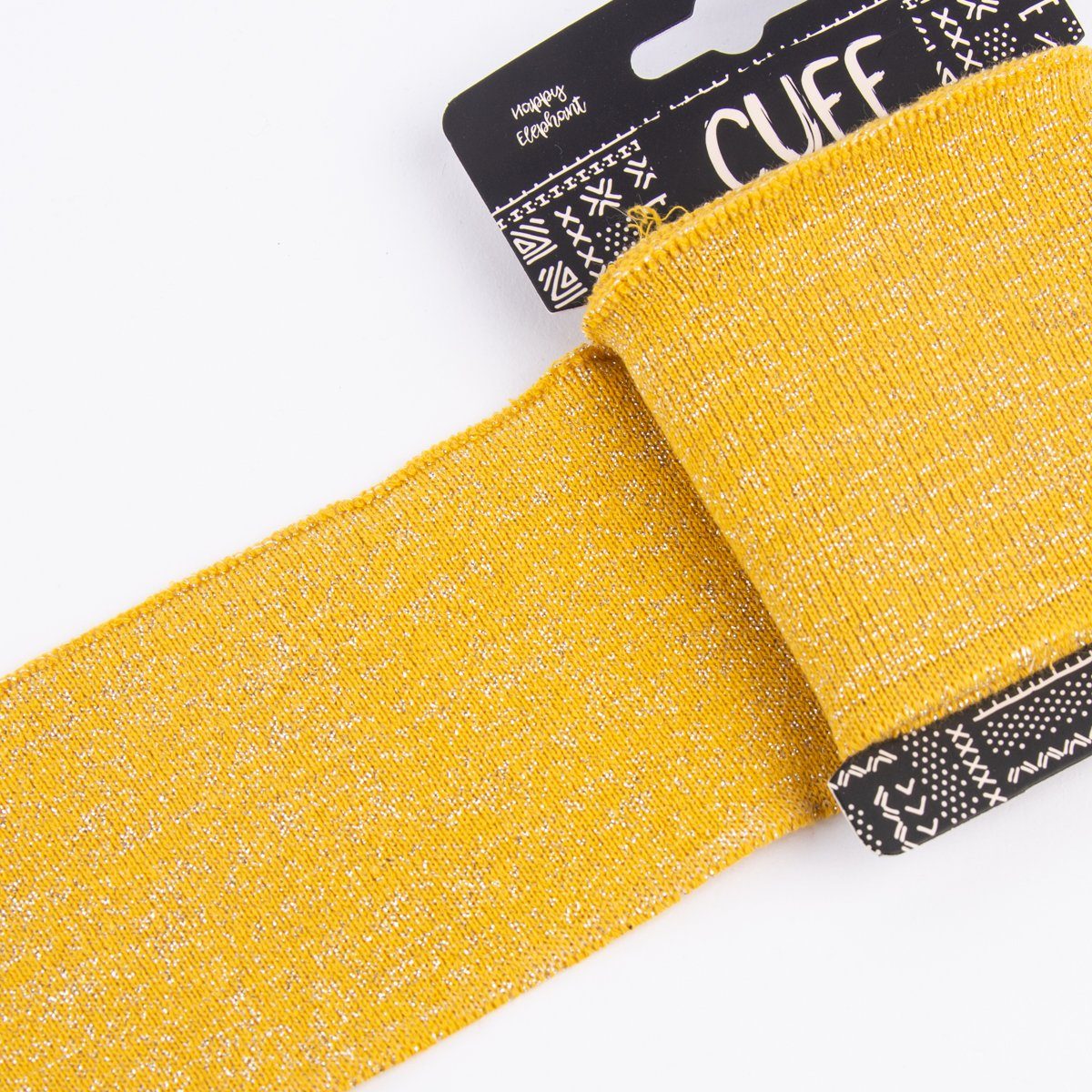 Thumbnail - SCHÖNER LEBEN. Stoff Cuff Bündchen Fertigbündchen Glitzer ocker gelb silberfarbig 7x110cm