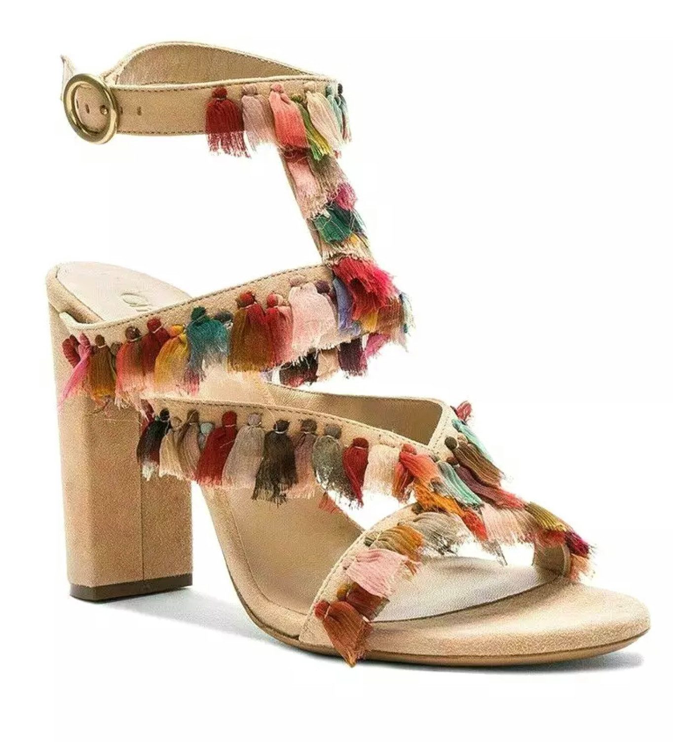 Chloé Liz Sandalen Heels Schuhe Pumps Verstellbarer Riemen Schnalle, Fransen aus mehrfarbiger Voile