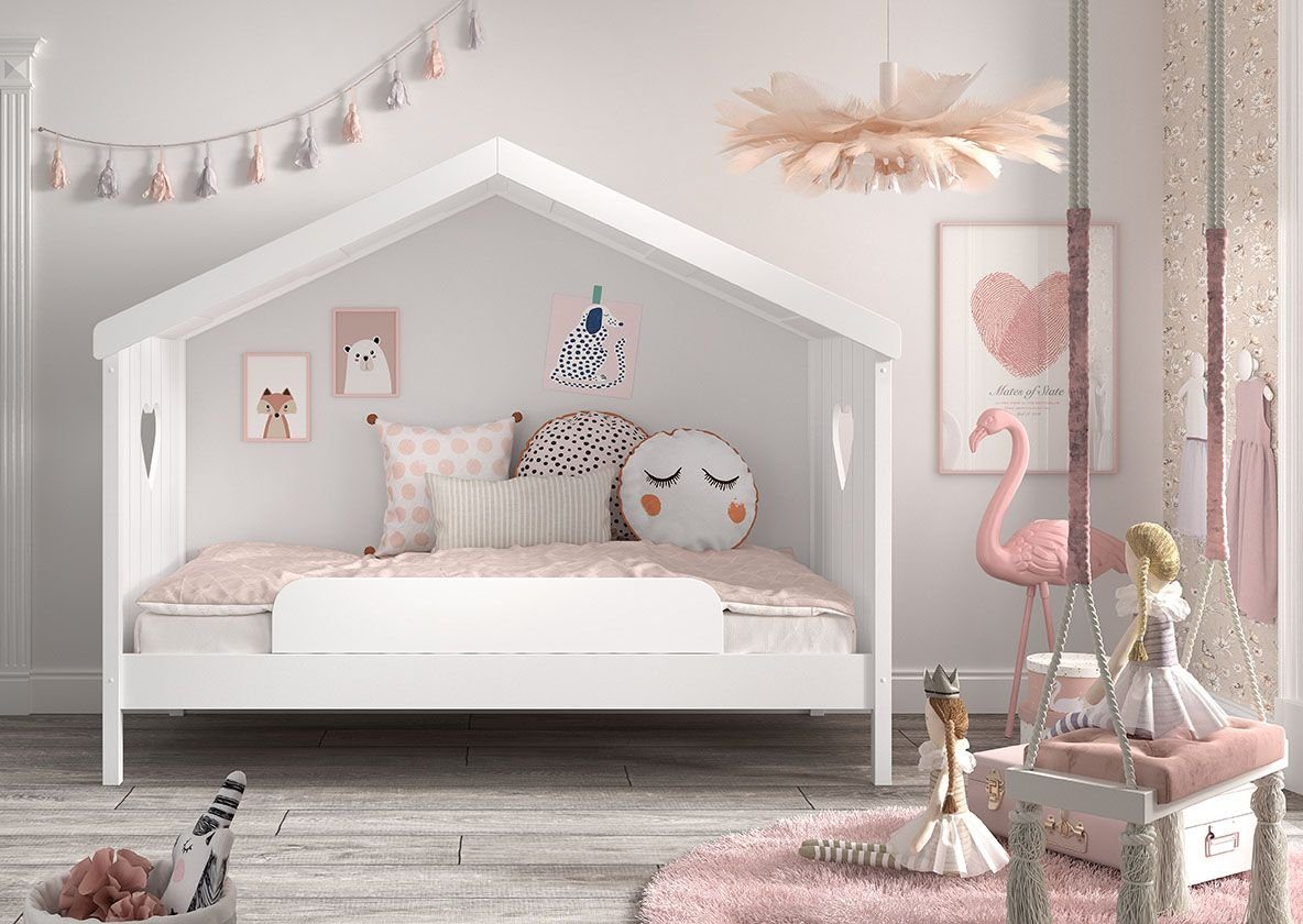 Natur24 Kinderbett Kinderbett Amori 90x200cm Kiefer Weiß inkl. Rollrost und Absturzschutz