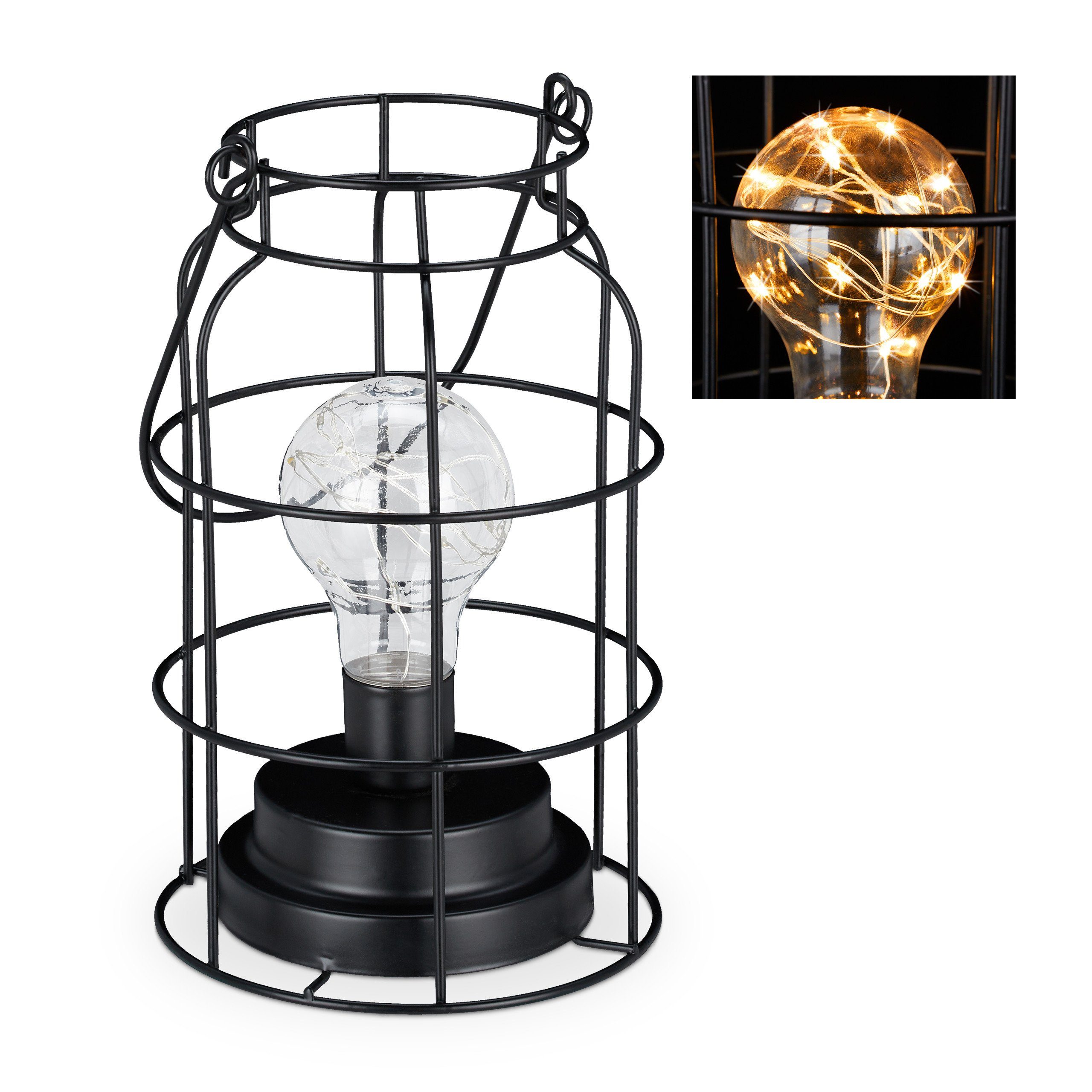 relaxdays Tischleuchte Tischlampe LED industrial, Kabellos, LED-Glühbirne mit integrierter Lichterkette, Warmweiß