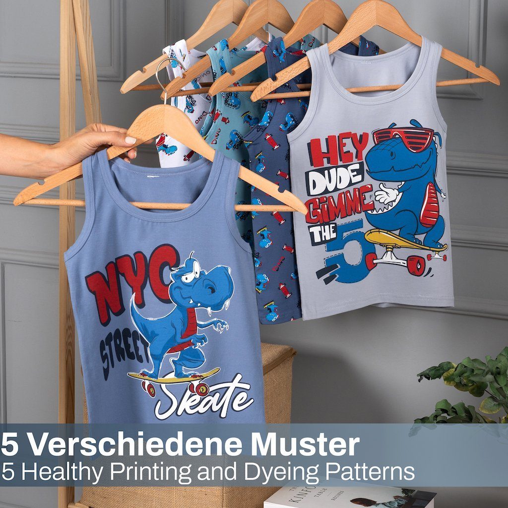 LOREZA Unterhemd 5er Set Jungen Unterhemden - Dinosaurier - Bunt (Spar-Packung, 5-St., 5er Pack)