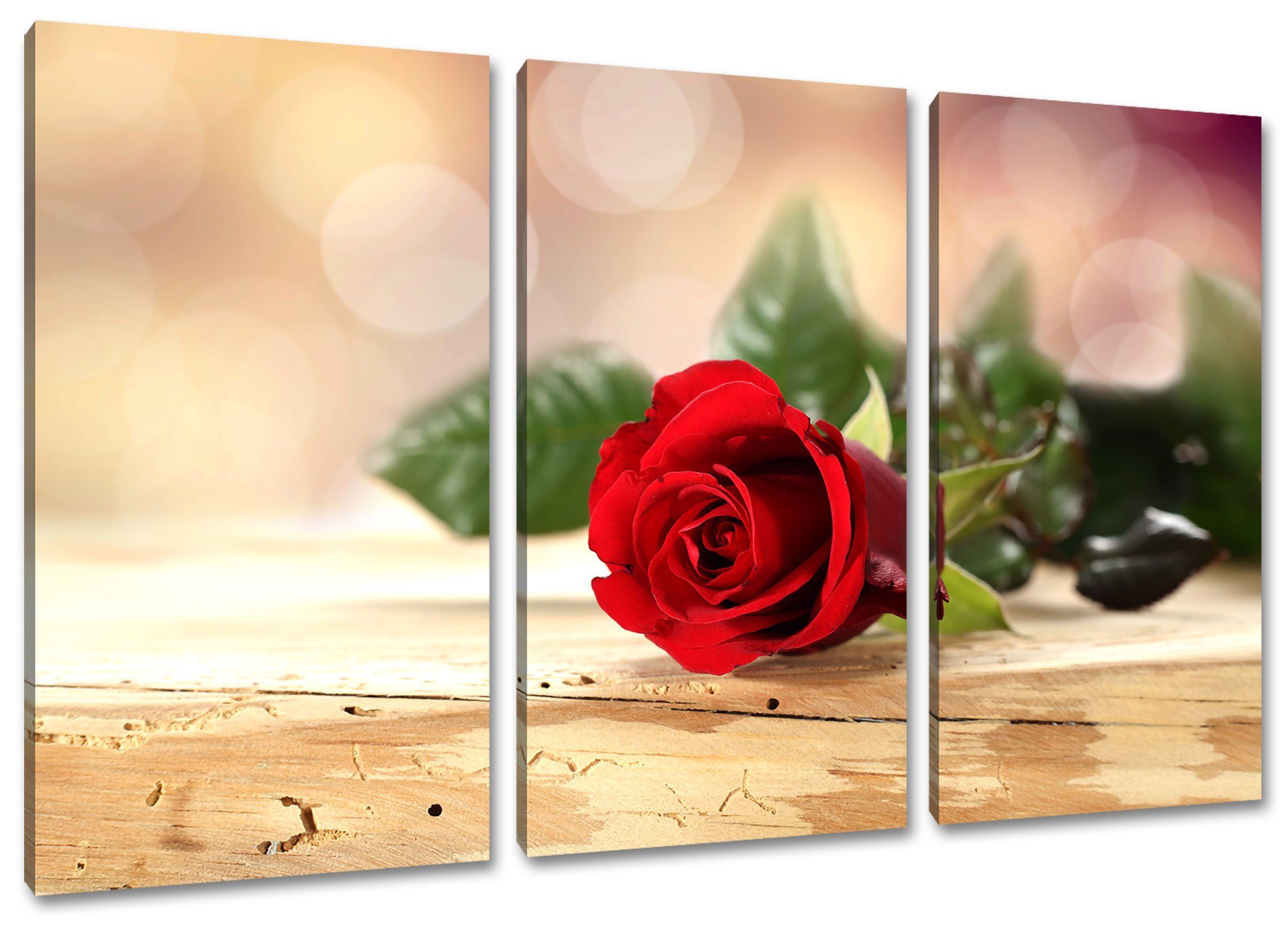 Pixxprint Leinwandbild Rose auf Holztisch, Rose auf Holztisch 3Teiler (120x80cm) (1 St), Leinwandbild fertig bespannt, inkl. Zackenaufhänger