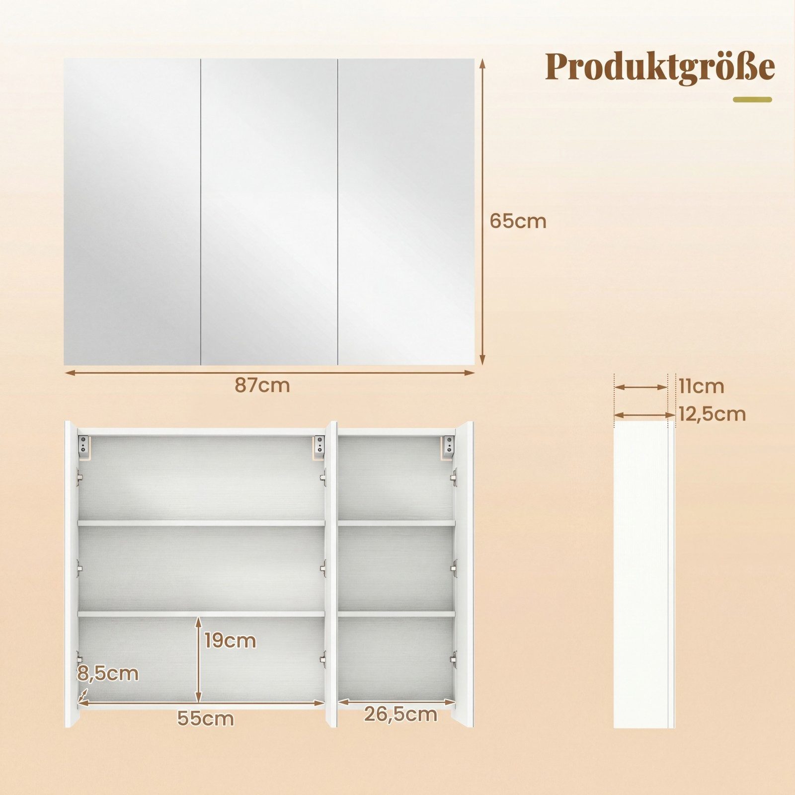COSTWAY Spiegelschrank Bad Hängeschrank mit 3 Türen & 6 Fächern 87x65x12,5cm – Bild 5 von 5