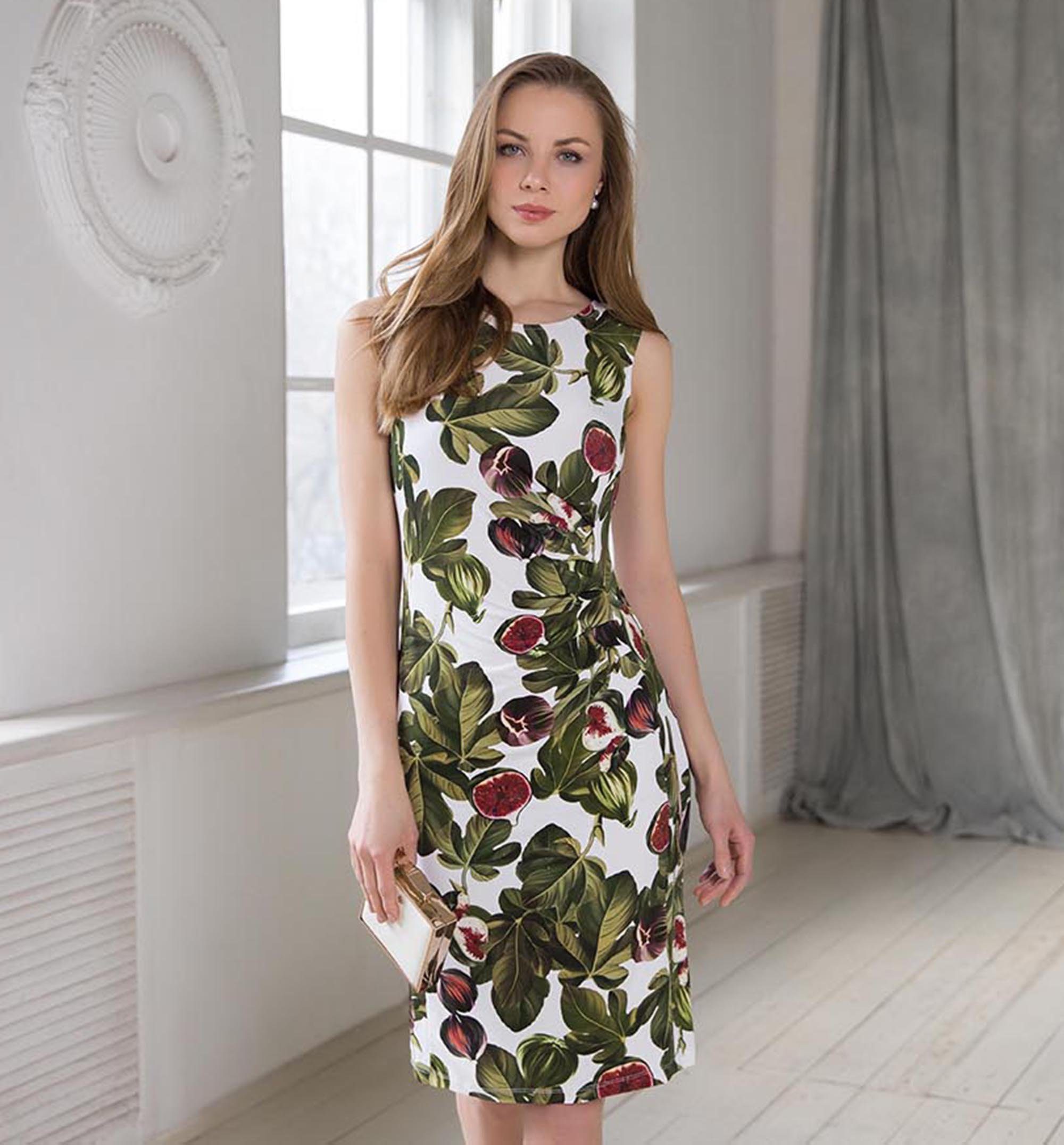 mit Kleid feminine sommerlichen Blätterdruck bequemes Printkleit, Raffung Druckkleid Passioni